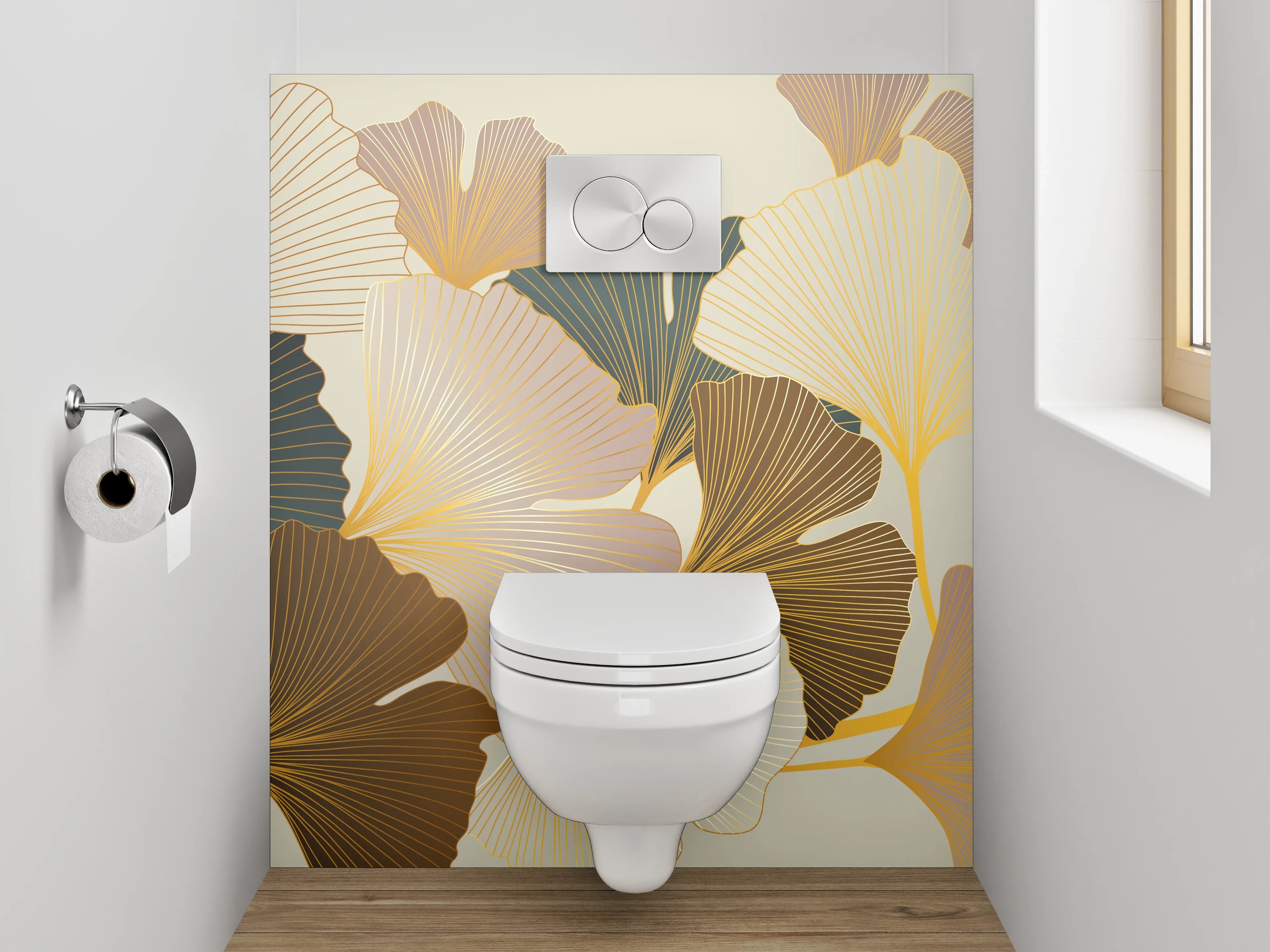 WC-Rückwand - Ginkgo Design in Beige und Gold