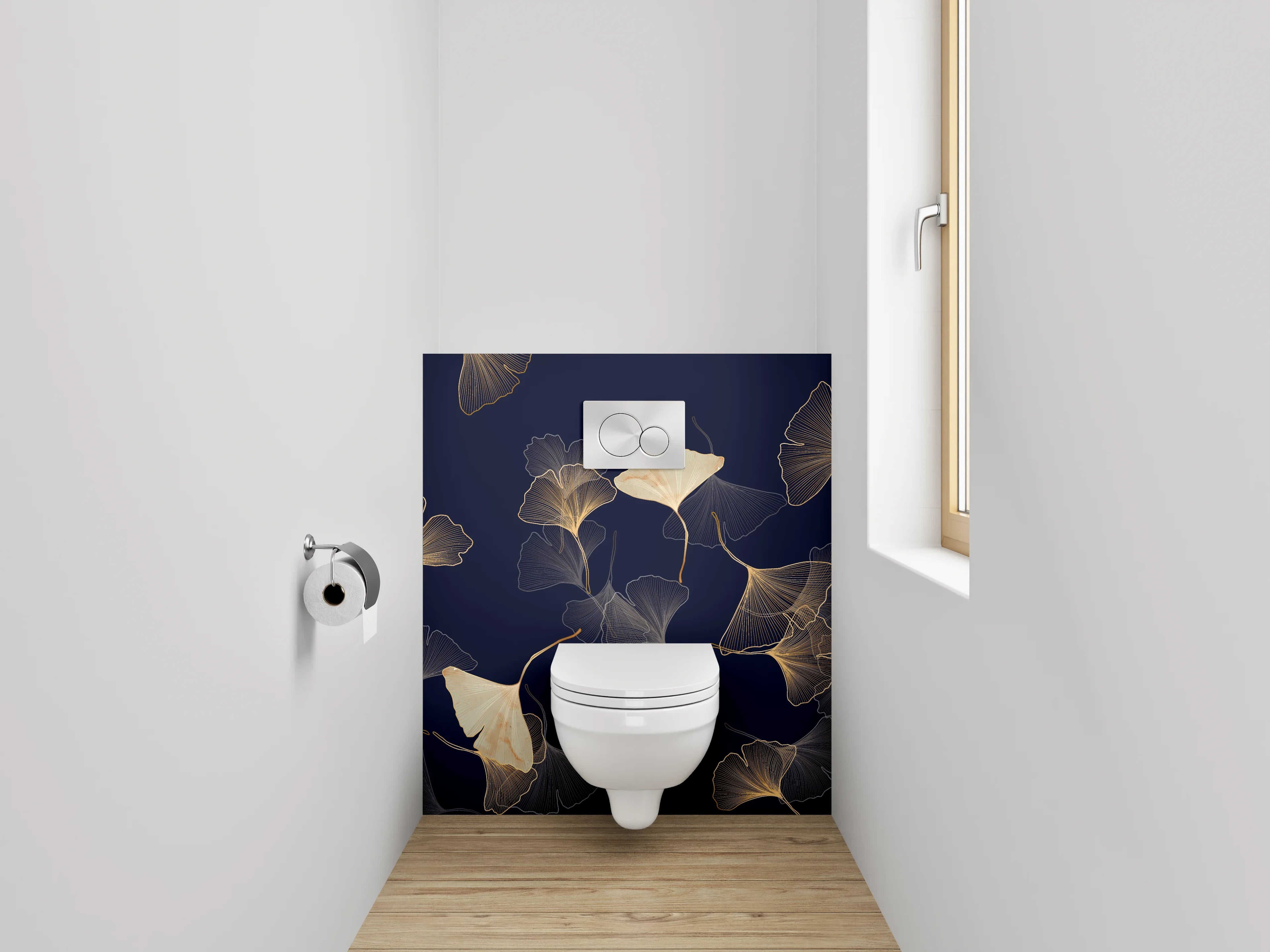 WC-Rückwand - Ginkgo Lineart Gold auf Dunkelblau