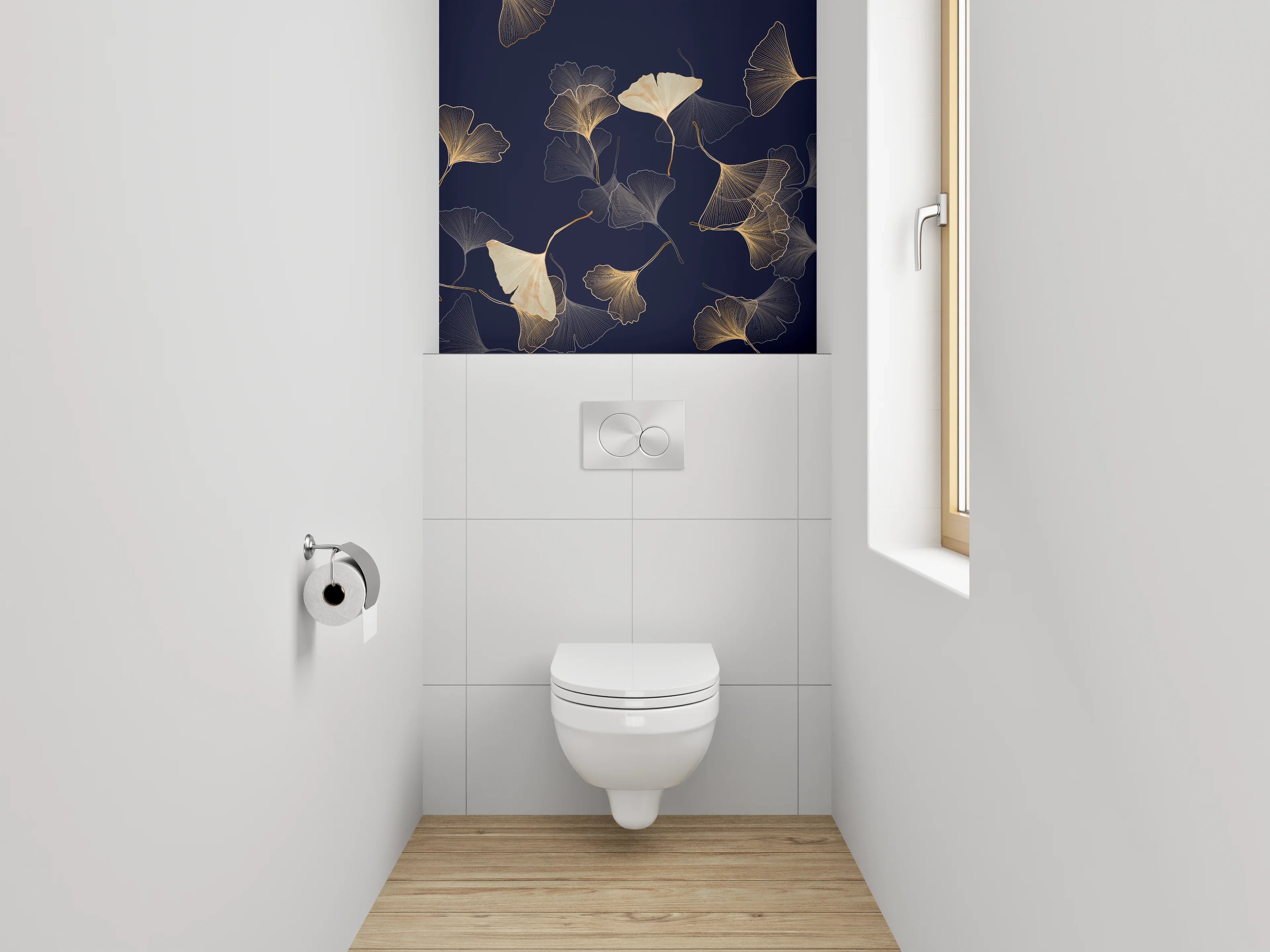 WC-Rückwand - Ginkgo Lineart Gold auf Dunkelblau
