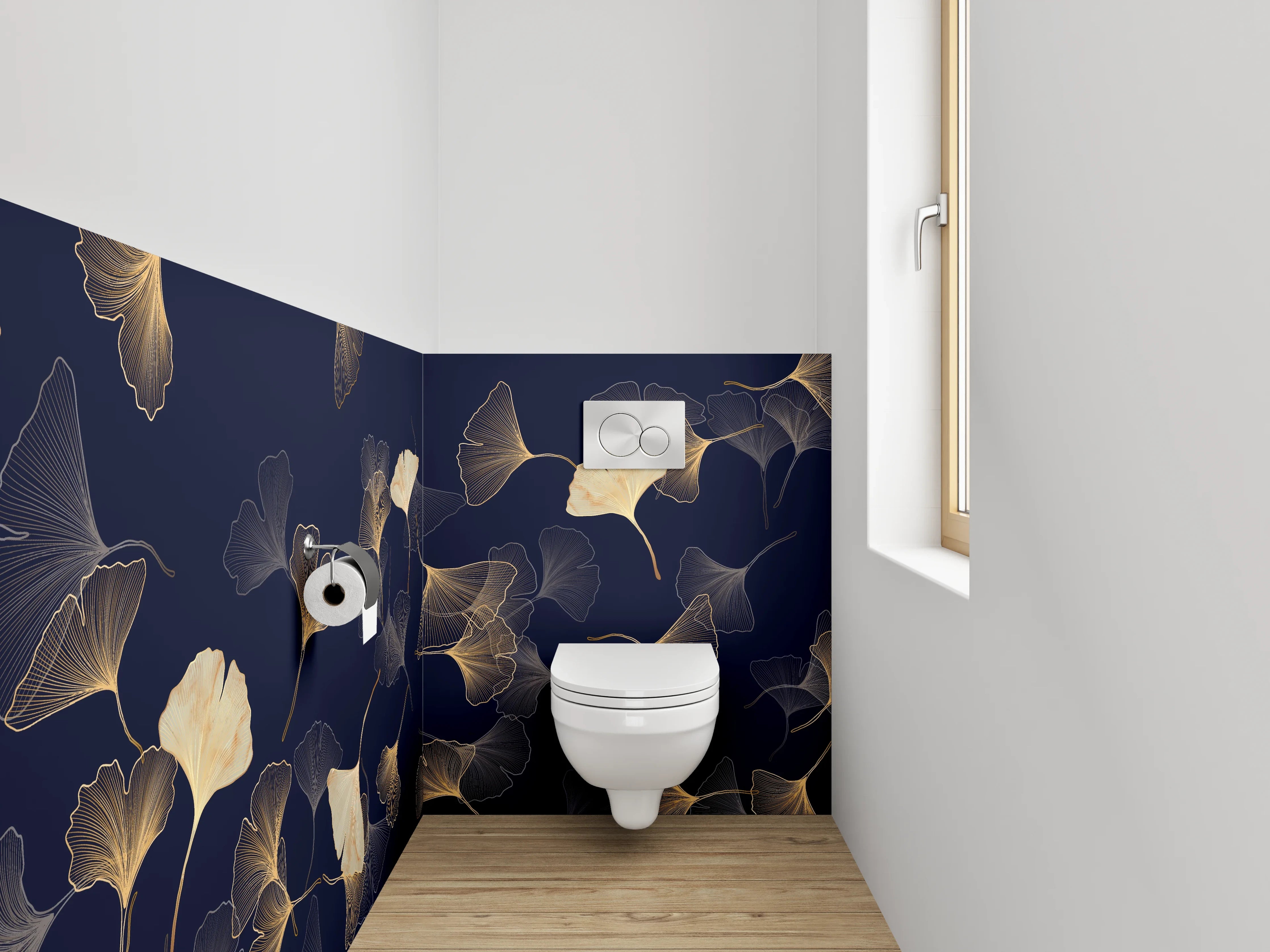 WC-Rückwand - Ginkgo Lineart Gold auf Dunkelblau