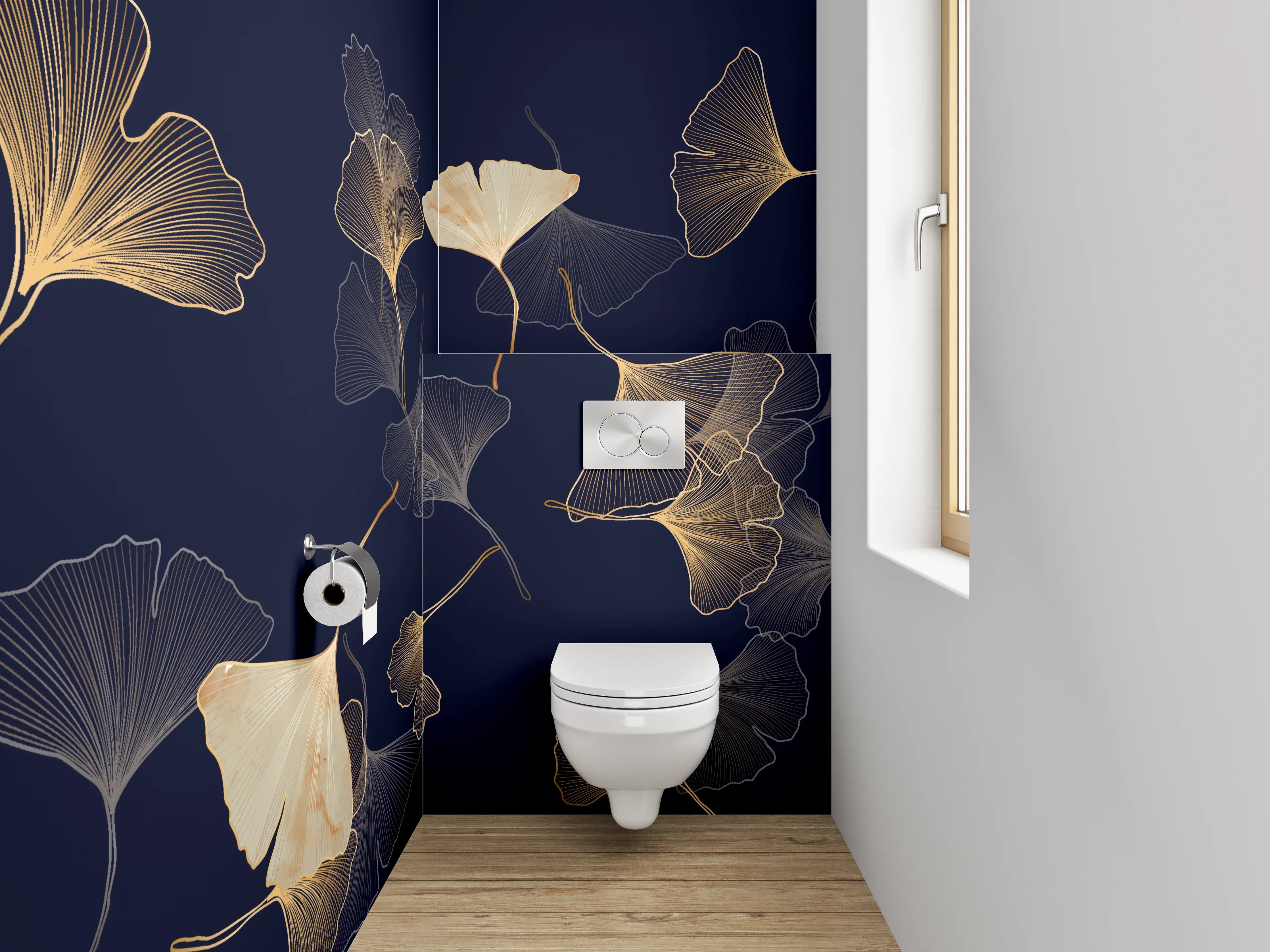 WC-Rückwand - Ginkgo Lineart Gold auf Dunkelblau