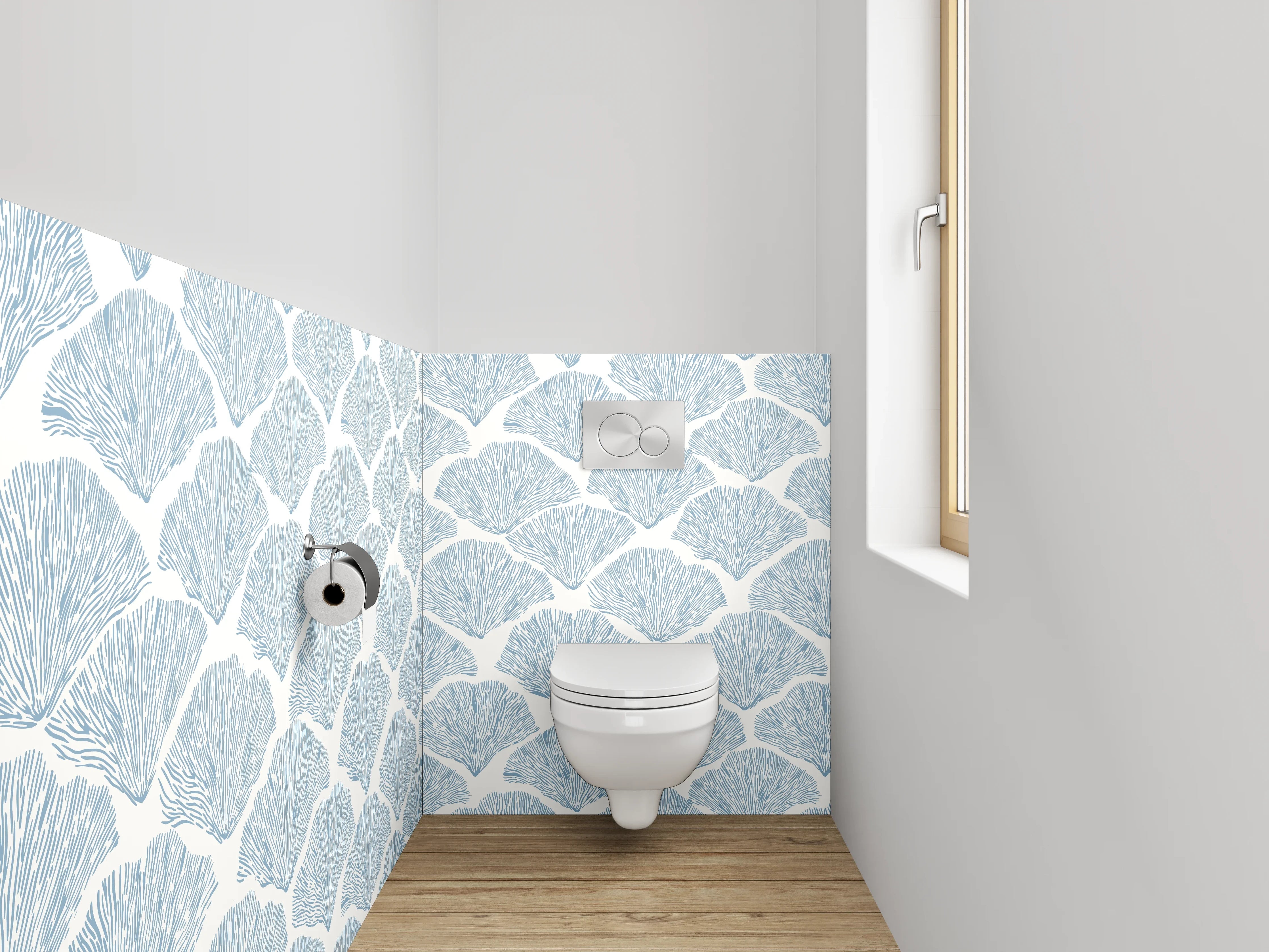 WC-Rückwand - Ginkgo Muster Hellblau Weiß