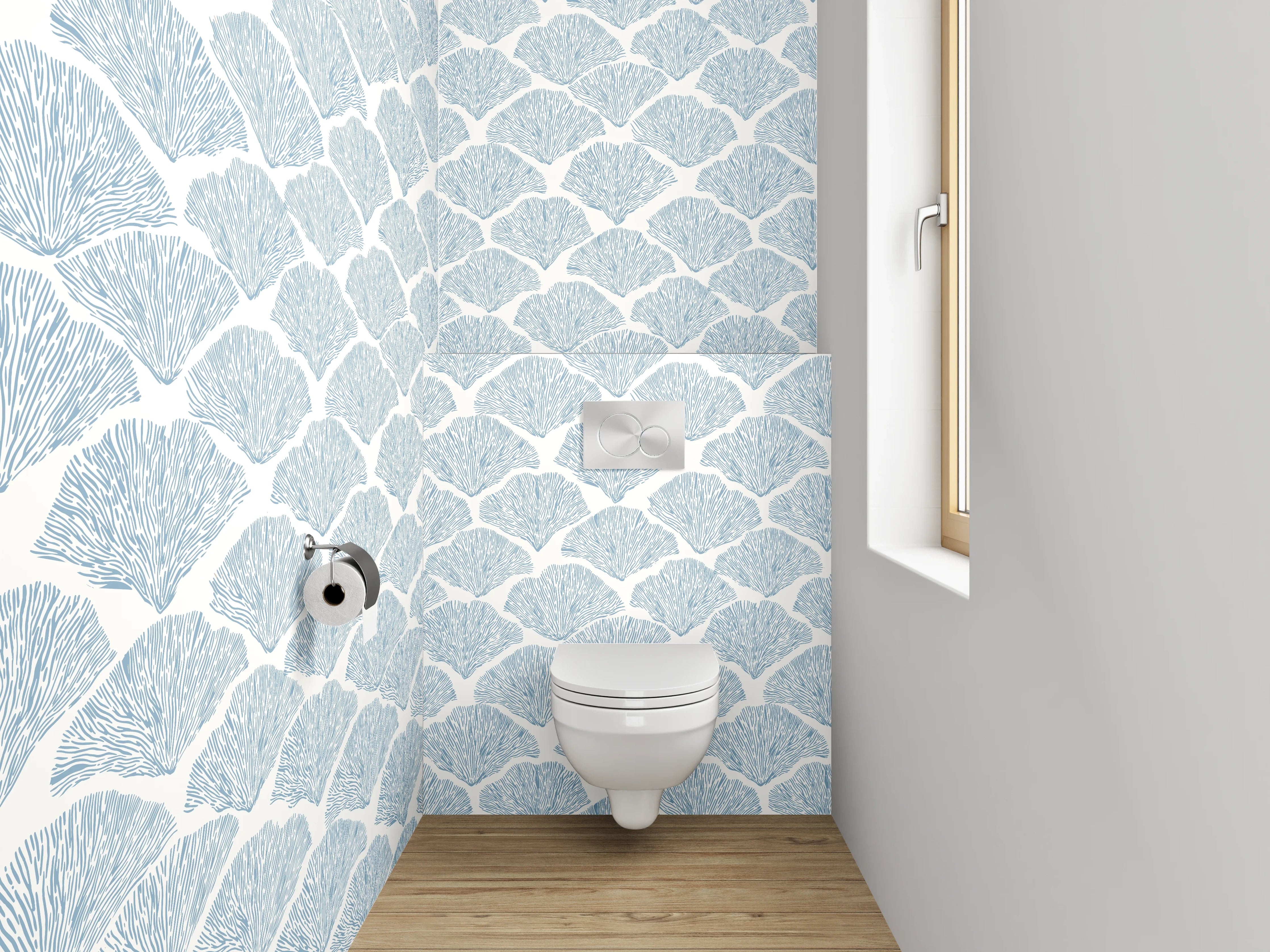 WC-Rückwand - Ginkgo Muster Hellblau Weiß