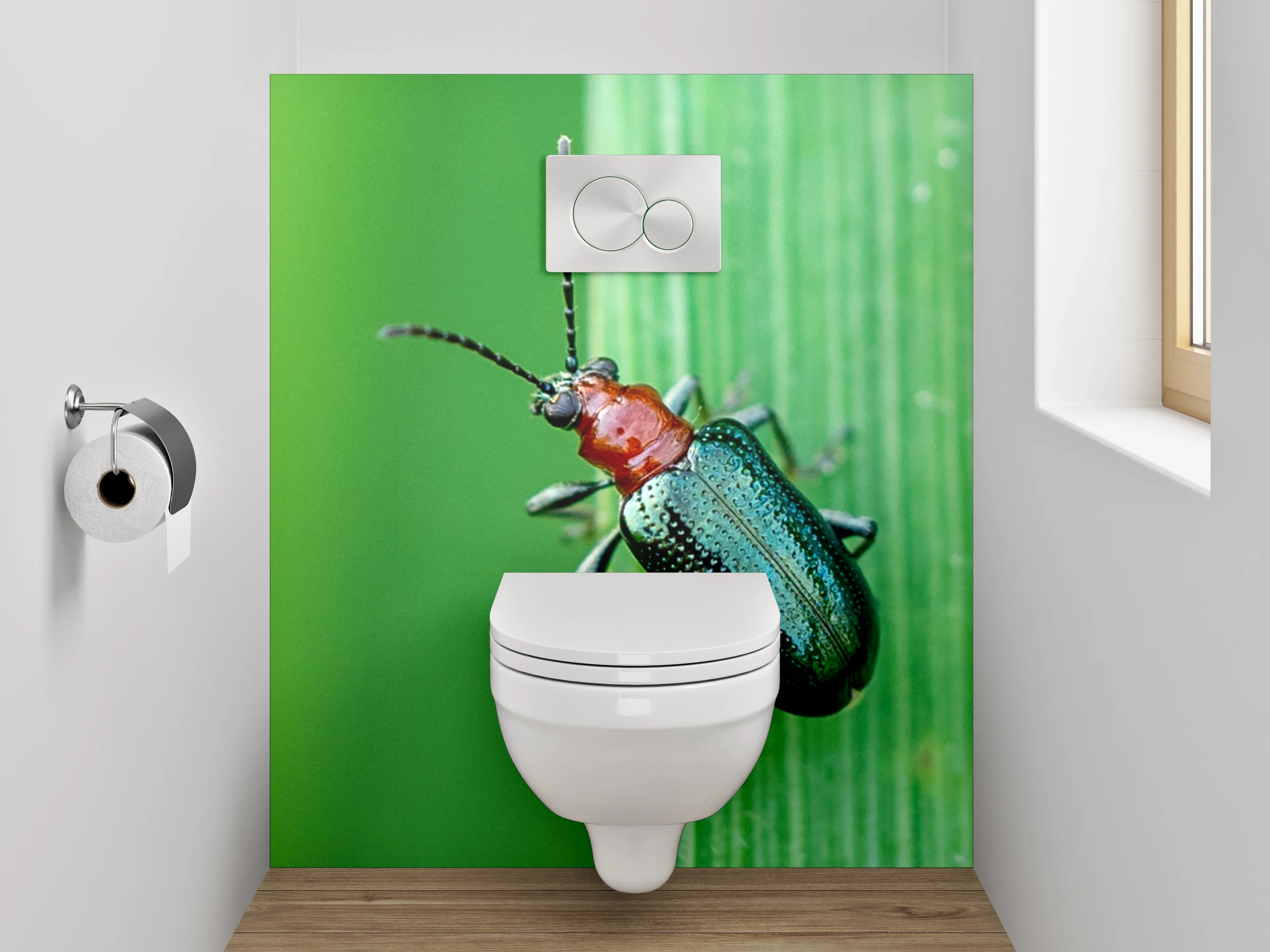 WC-Rückwand - Glänzender Käfer auf grünem Blatt