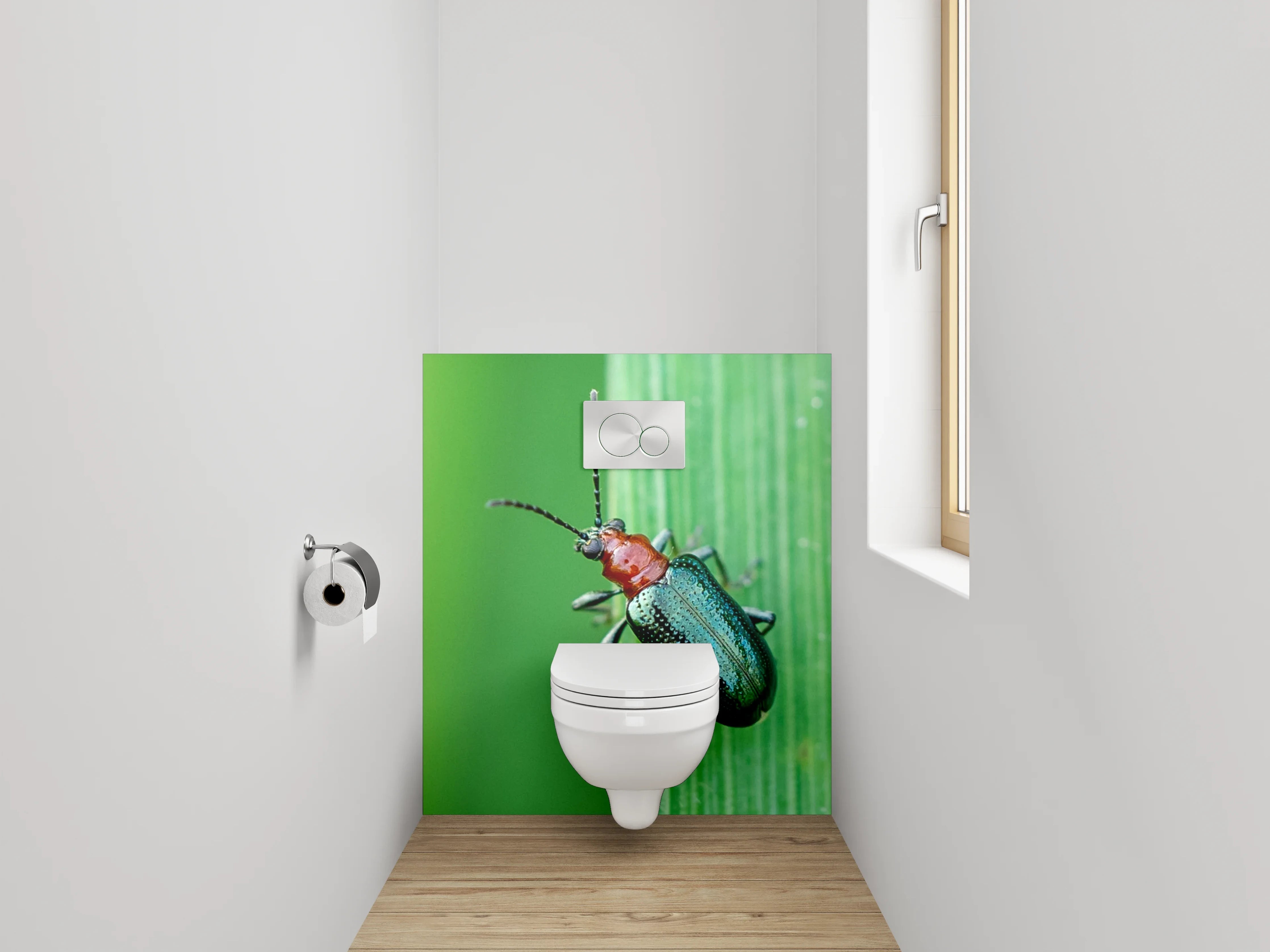WC-Rückwand - Glänzender Käfer auf grünem Blatt