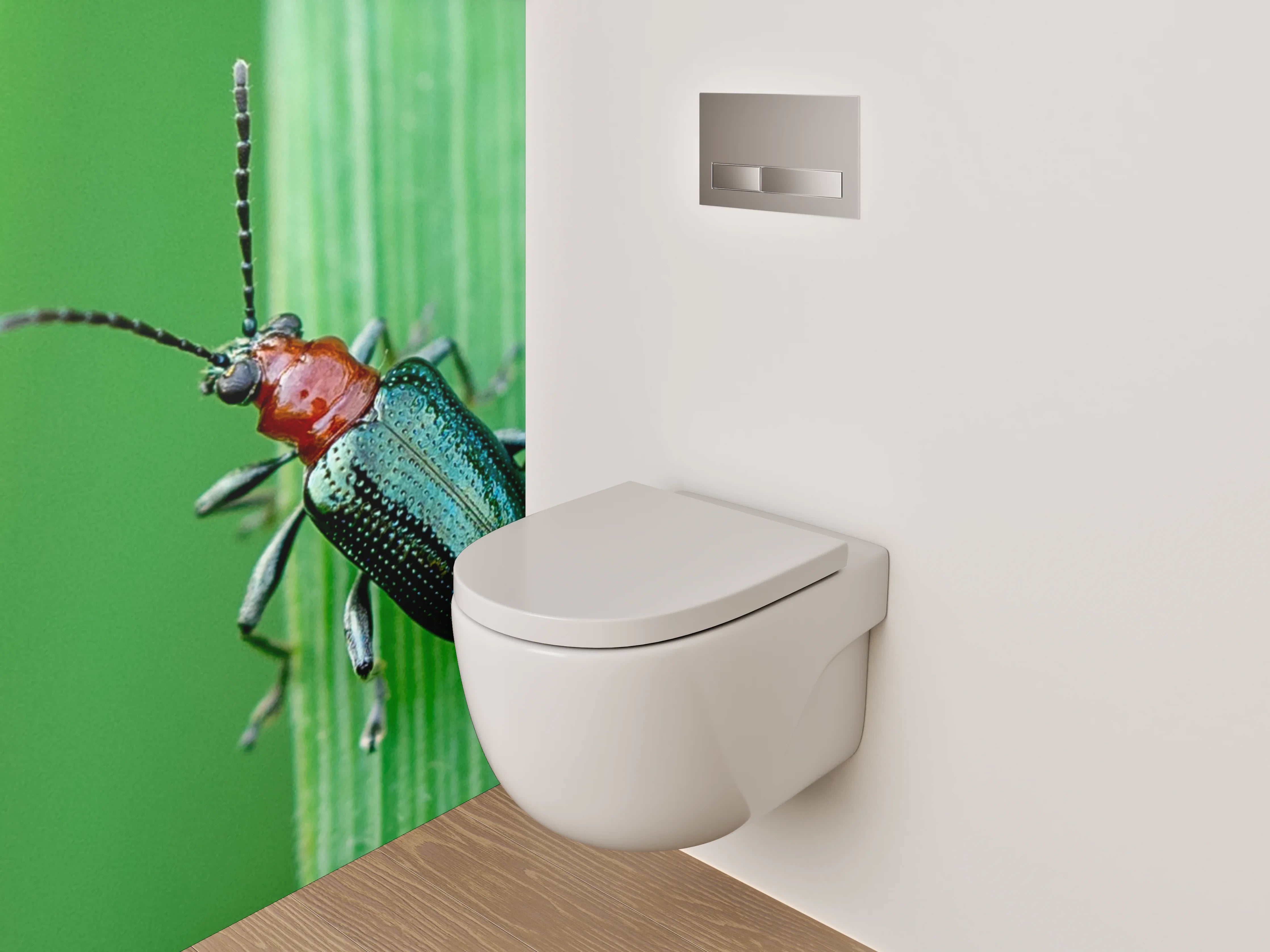 WC-Rückwand - Glänzender Käfer auf grünem Blatt