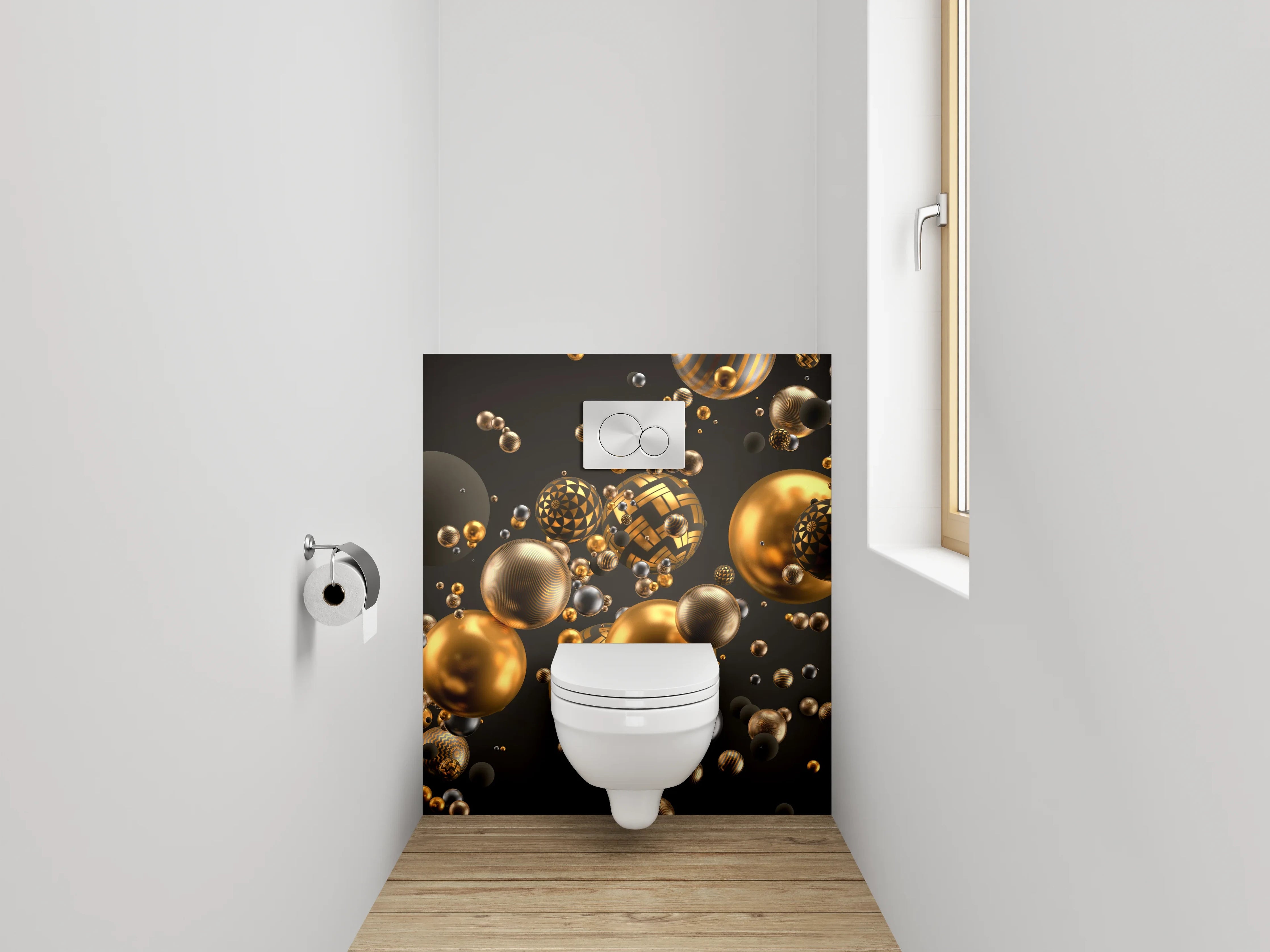 WC-Rückwand - Goldene 3D-Kugeln Abstrakt Modern