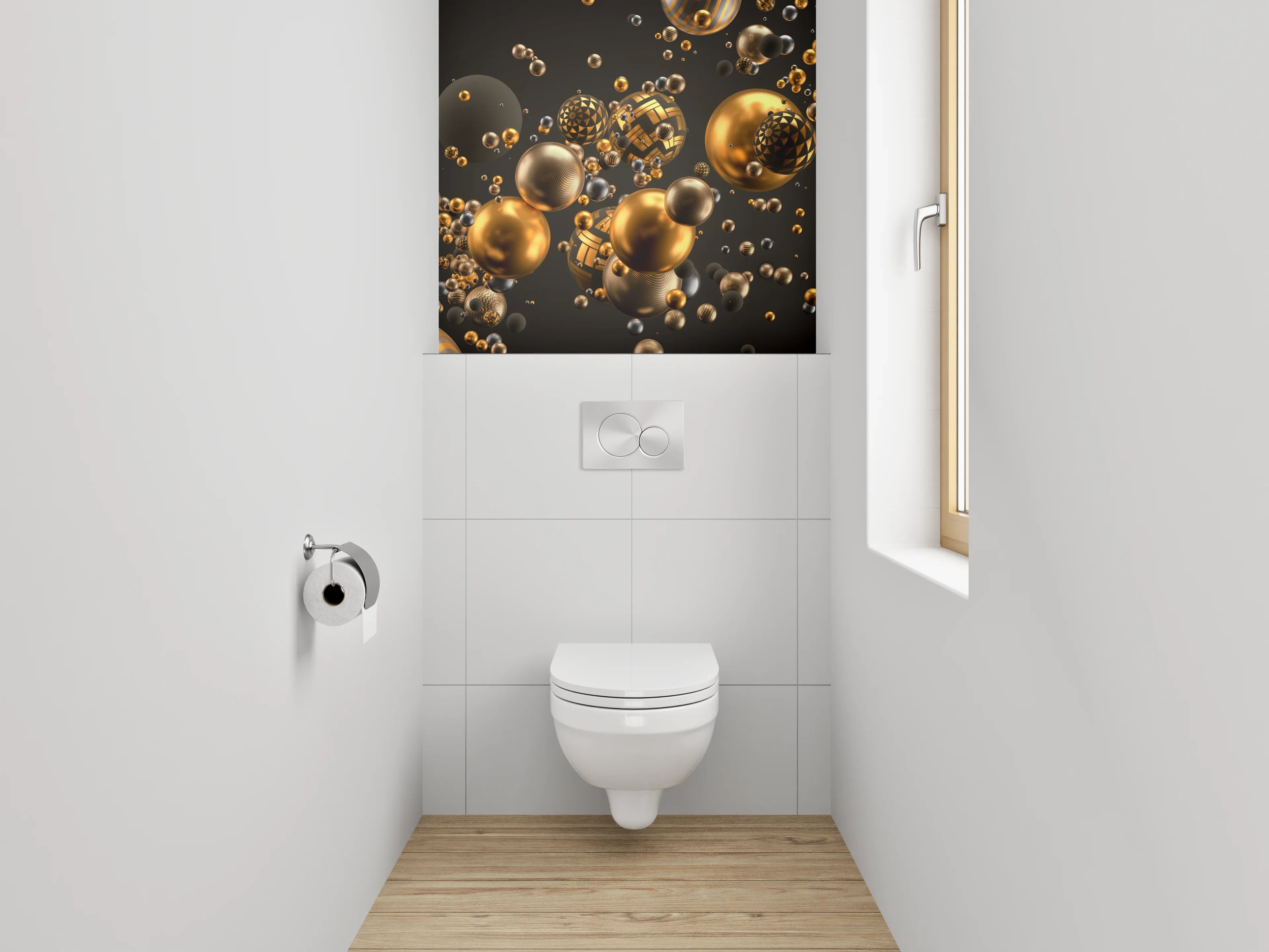 WC-Rückwand - Goldene 3D-Kugeln Abstrakt Modern