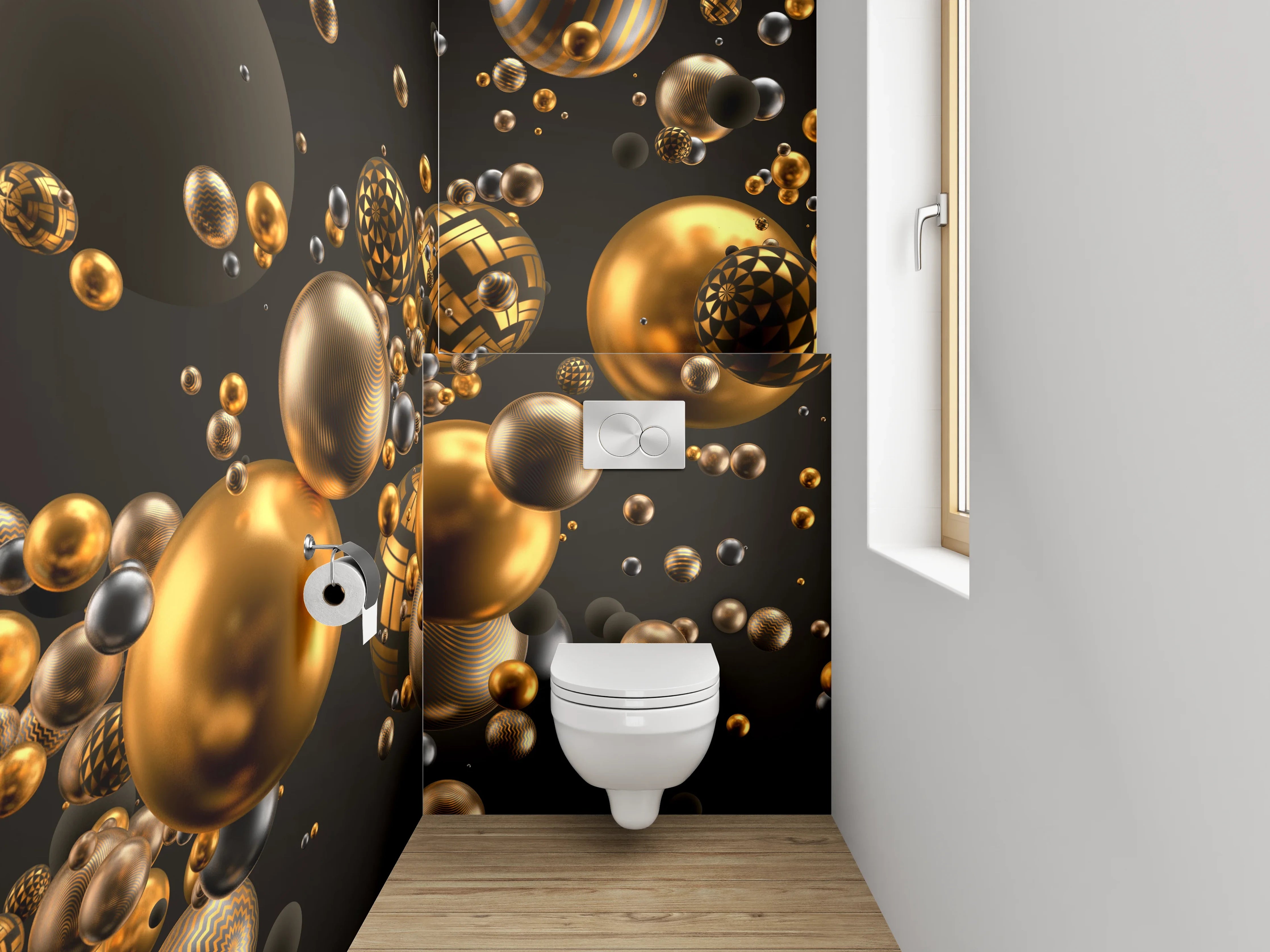 WC-Rückwand - Goldene 3D-Kugeln Abstrakt Modern