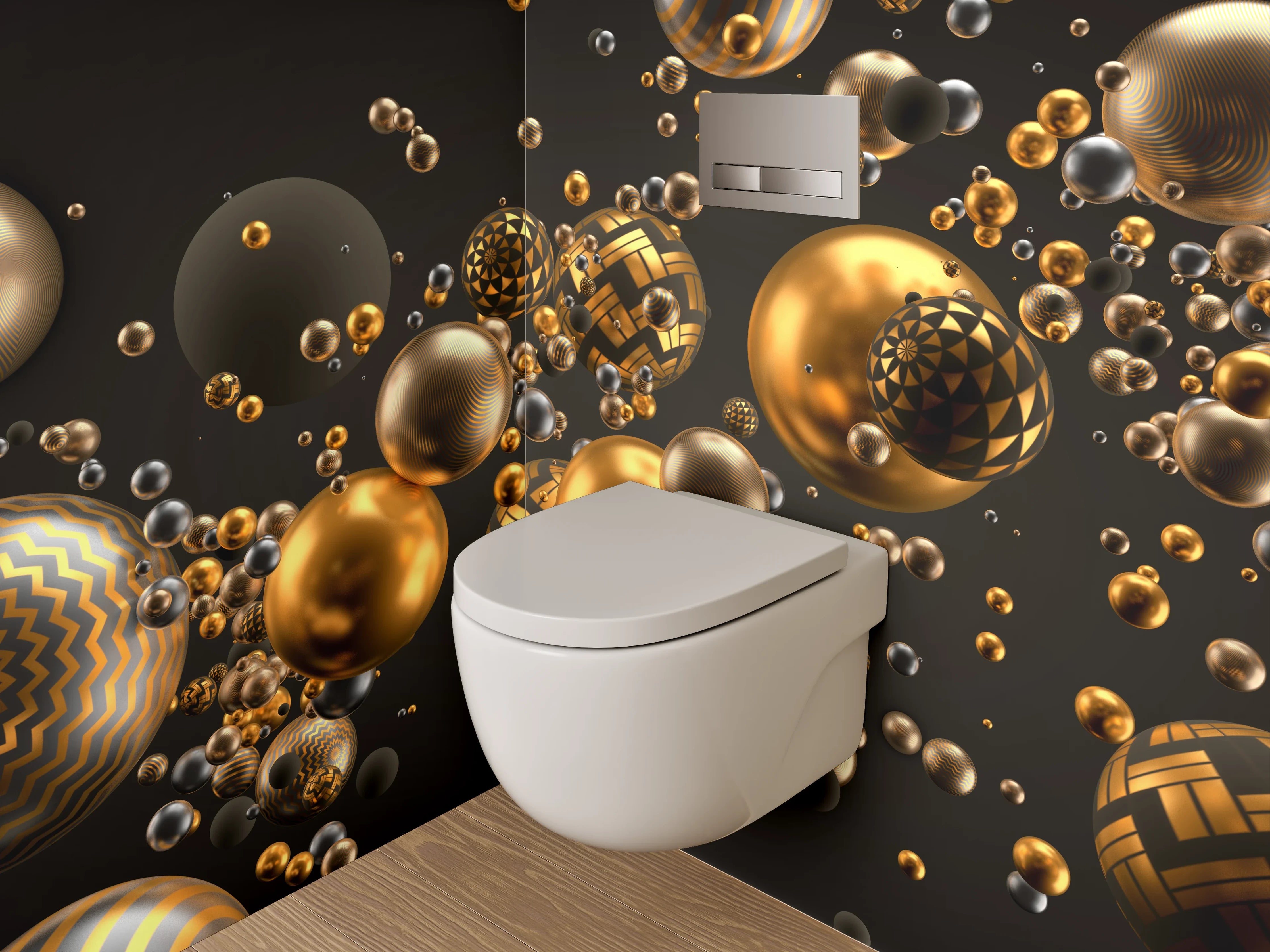 WC-Rückwand - Goldene 3D-Kugeln Abstrakt Modern