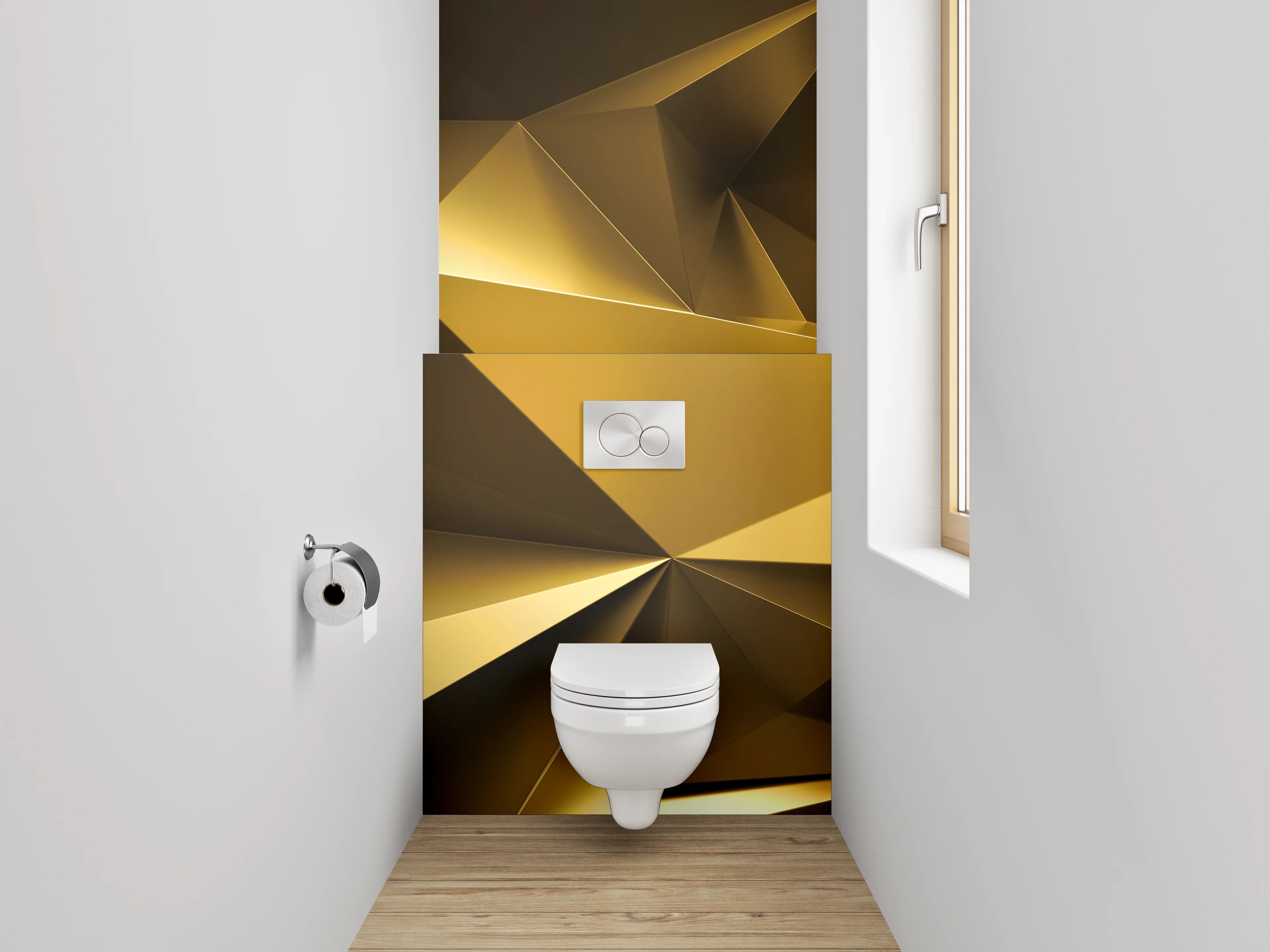 WC-Rückwand - Goldene 3D Polygon Abstraktion