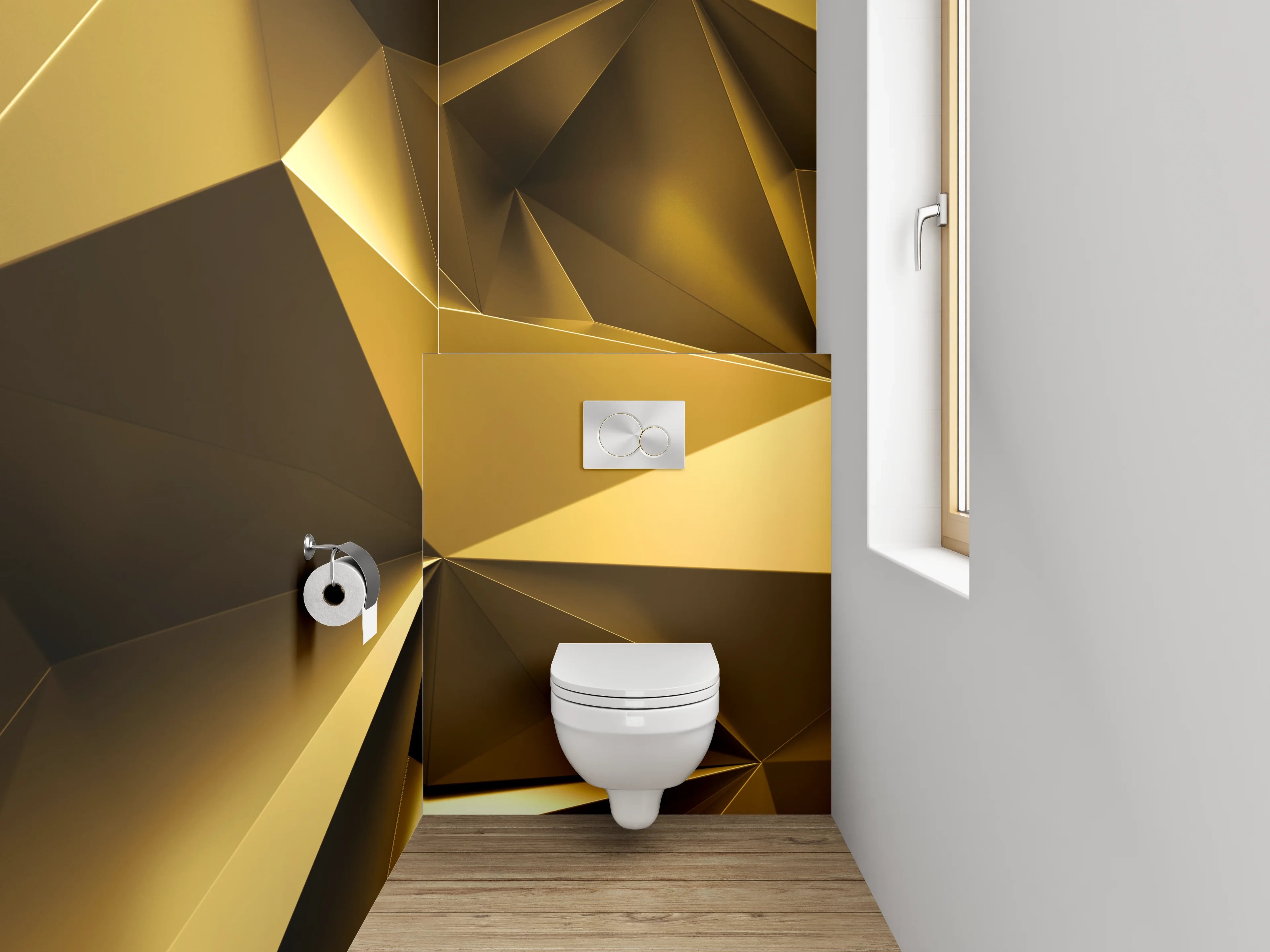 WC-Rückwand - Goldene 3D Polygon Abstraktion