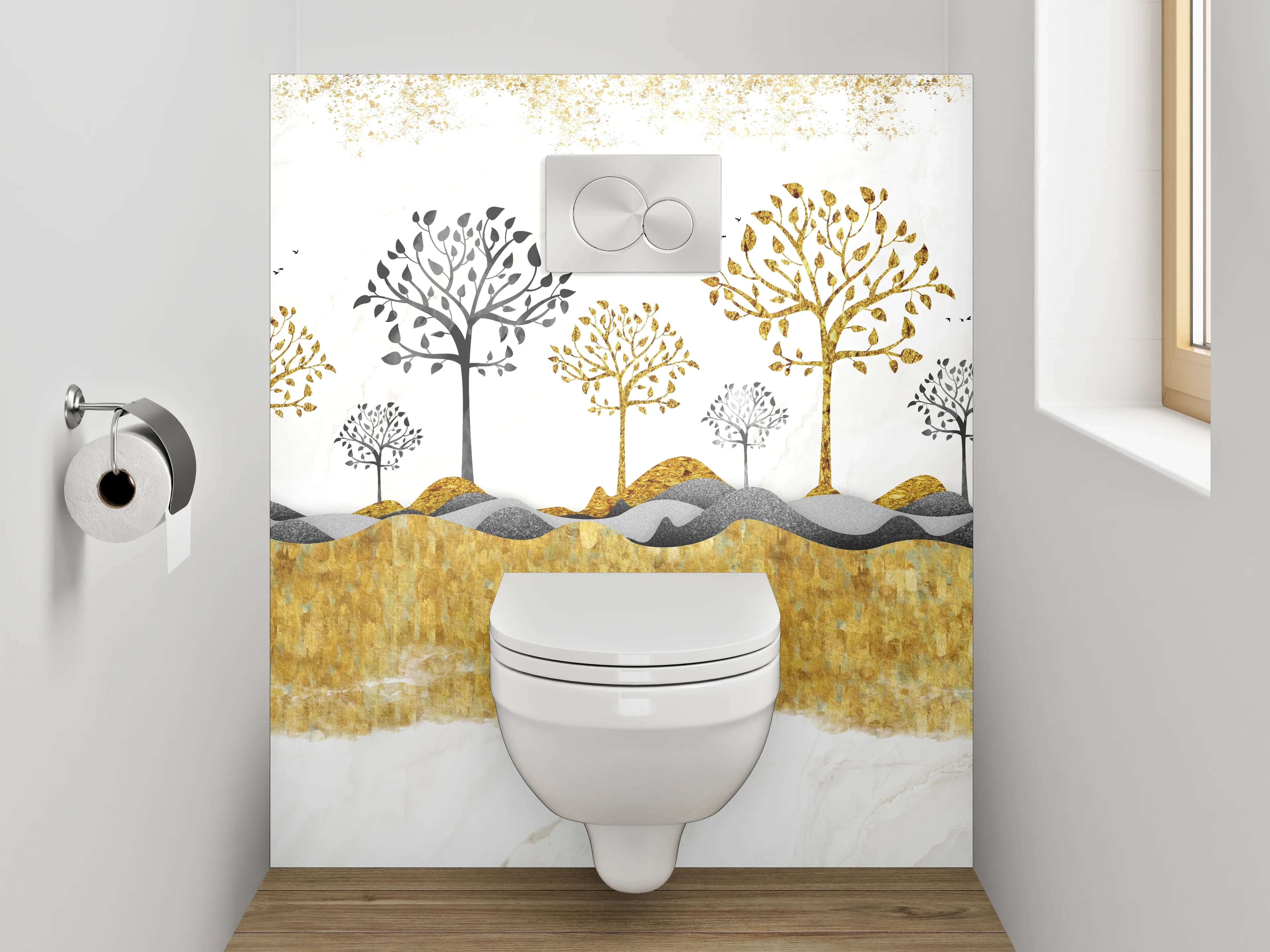 WC-Rückwand - Goldene Bäume auf Marmorhintergrund