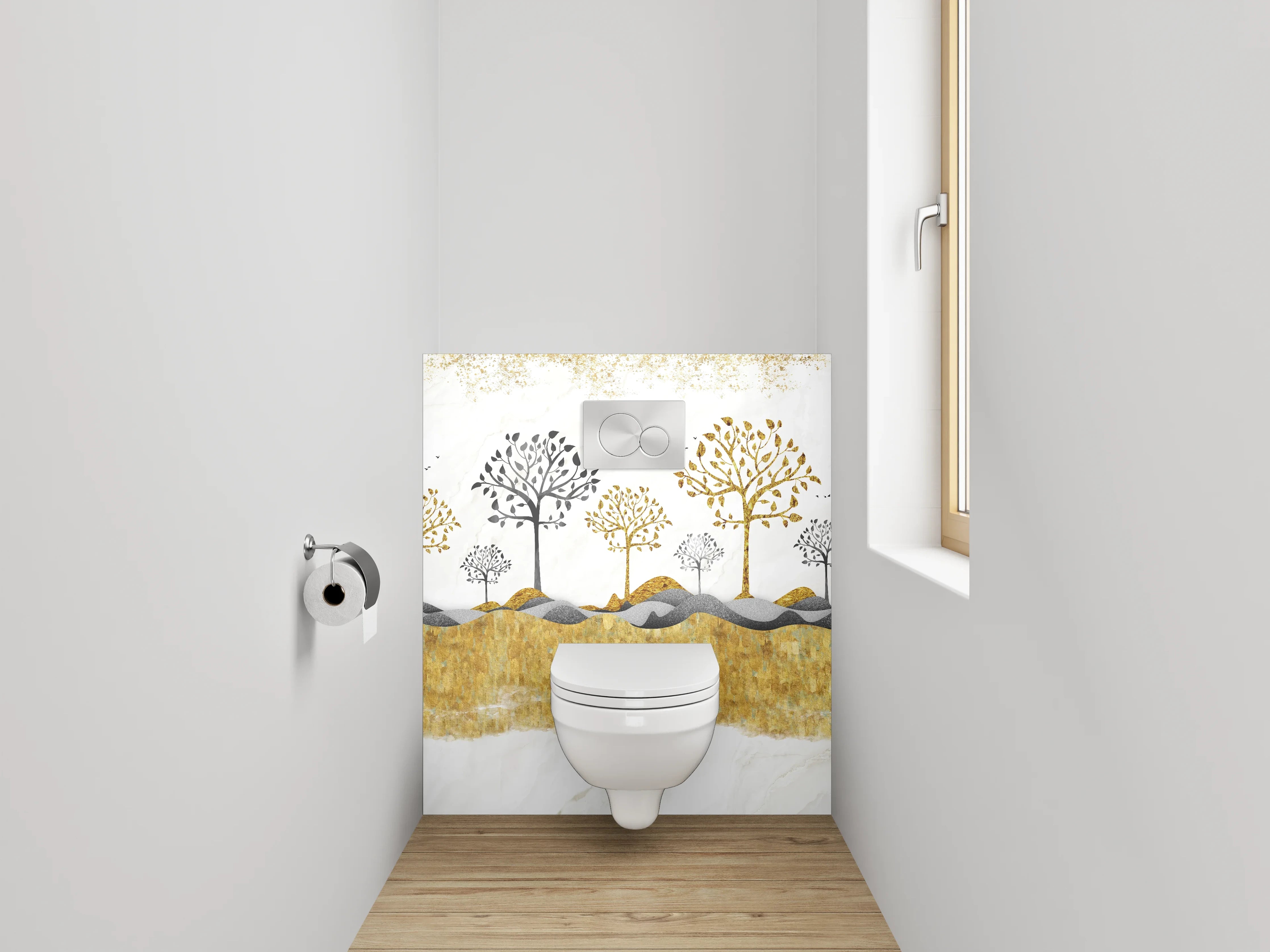 WC-Rückwand - Goldene Bäume auf Marmorhintergrund