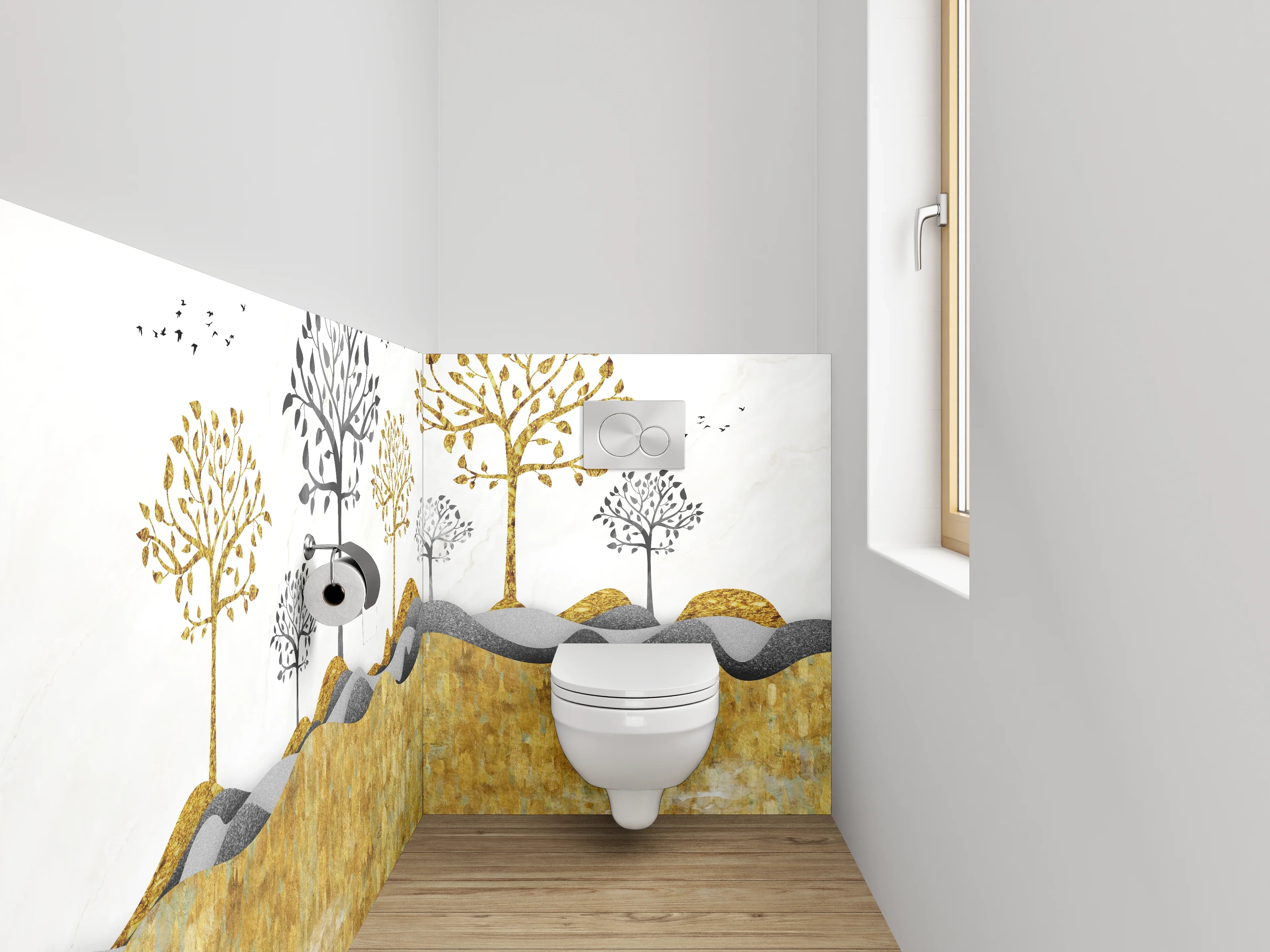 WC-Rückwand - Goldene Bäume auf Marmorhintergrund