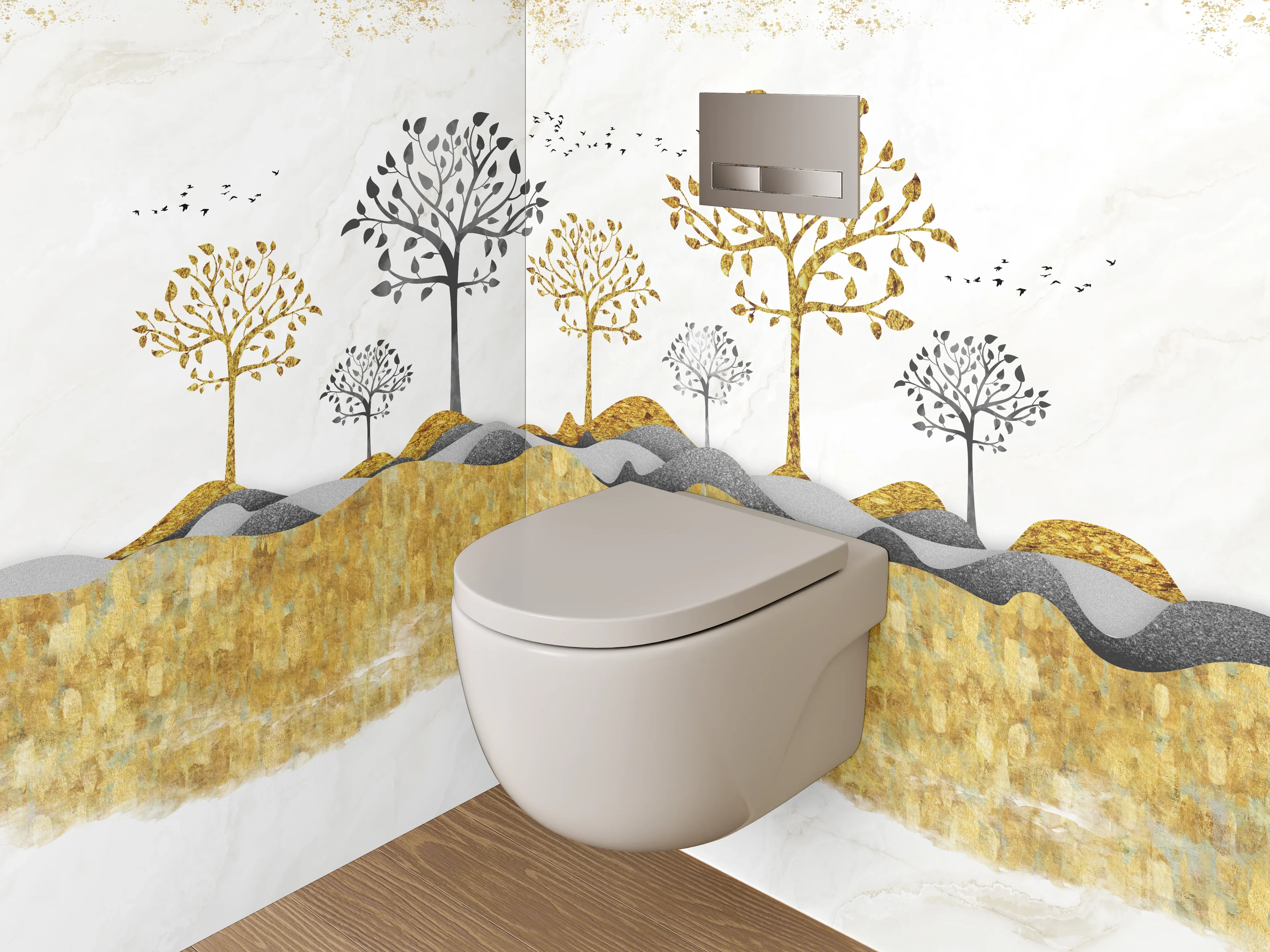WC-Rückwand - Goldene Bäume auf Marmorhintergrund