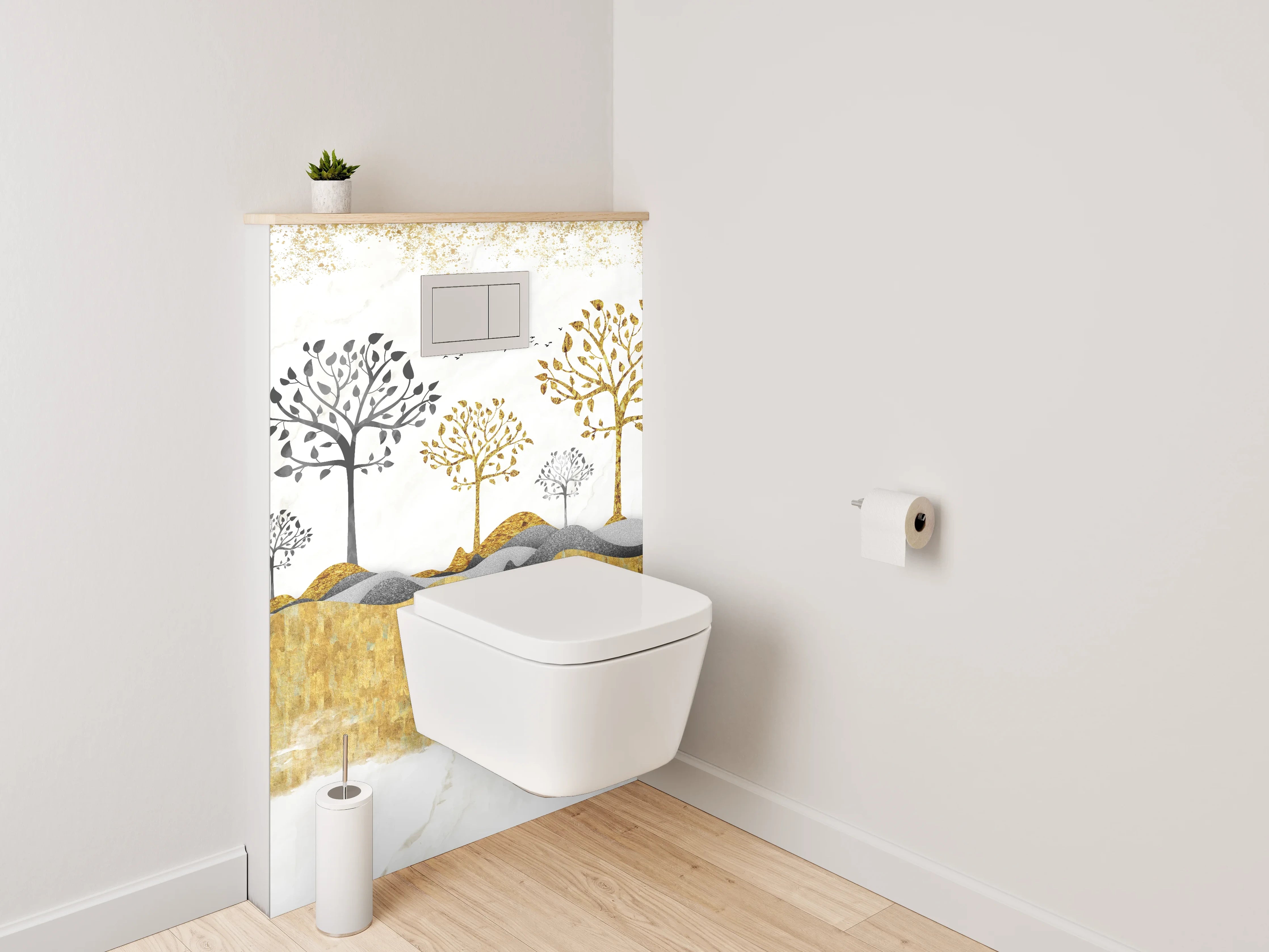 WC-Rückwand - Goldene Bäume auf Marmorhintergrund