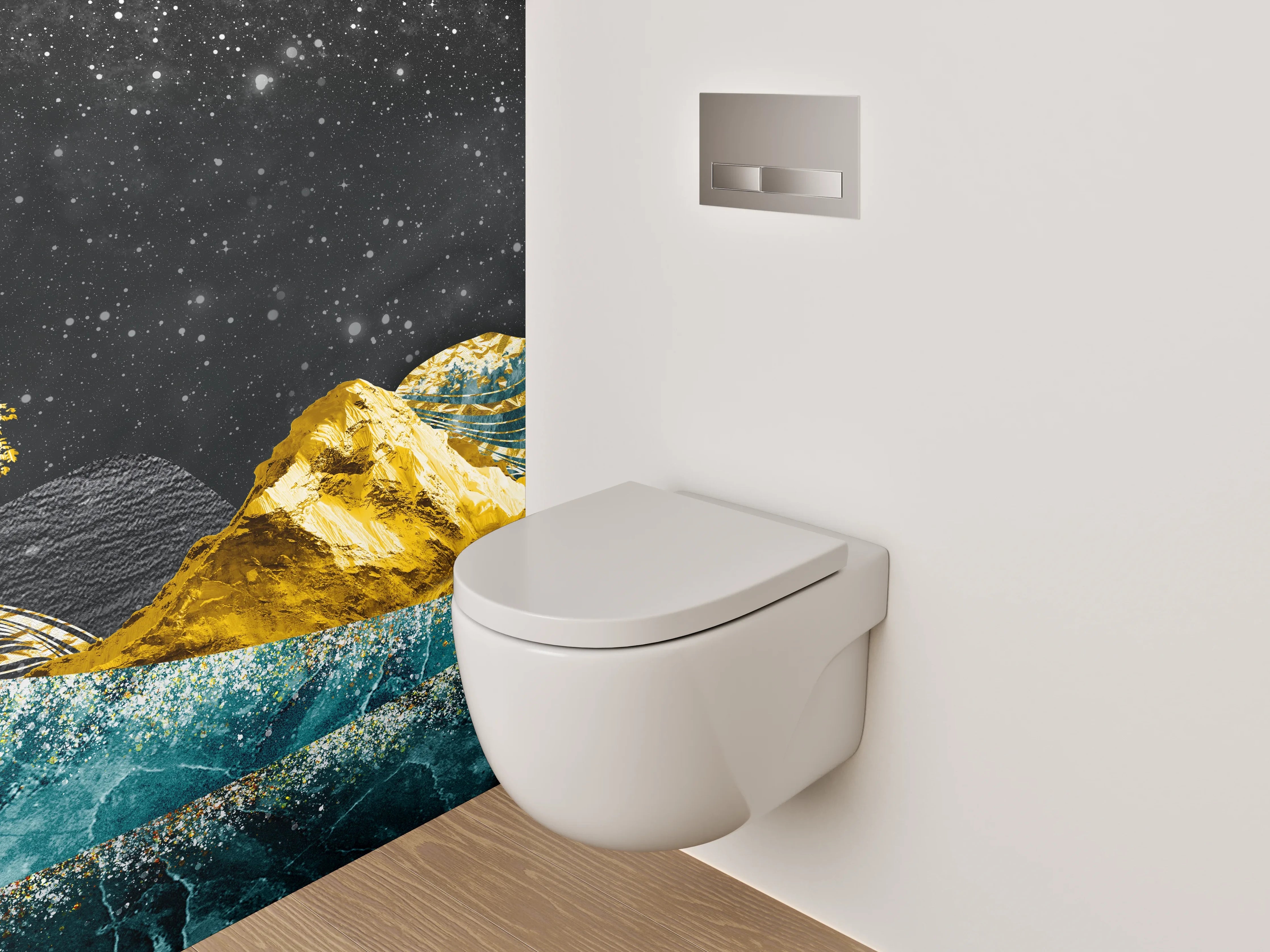WC-Rückwand - Goldene Berge und blaue Wellen