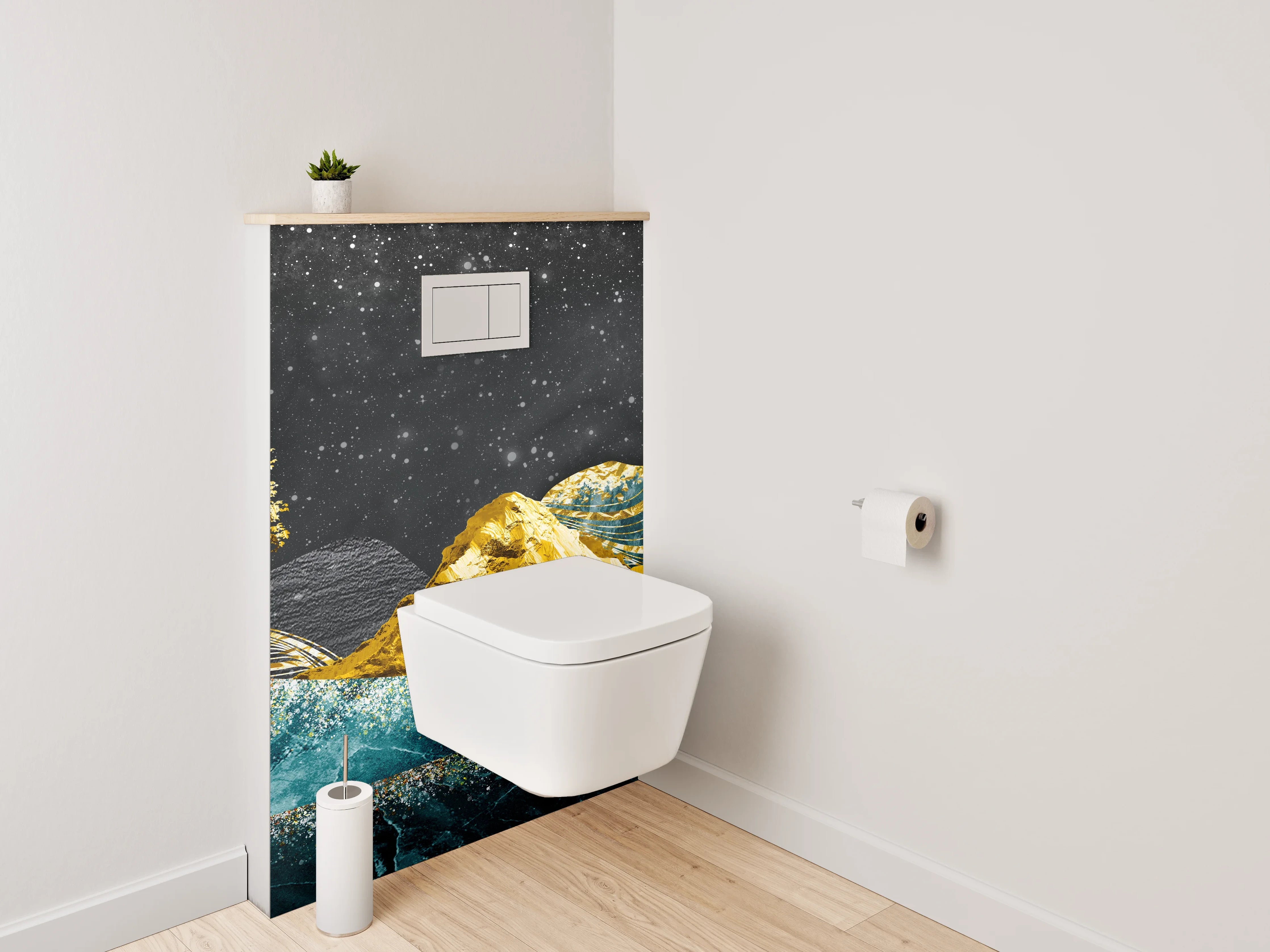WC-Rückwand - Goldene Berge und blaue Wellen