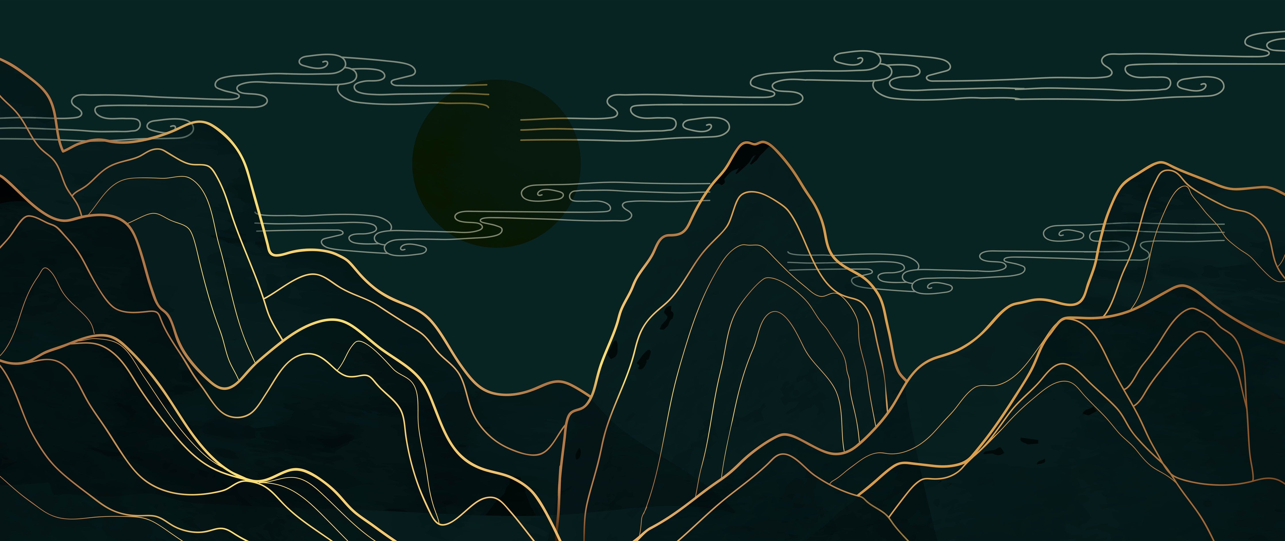 WC-Rückwand-Goldene Berglandschaft Line Art Wandbild