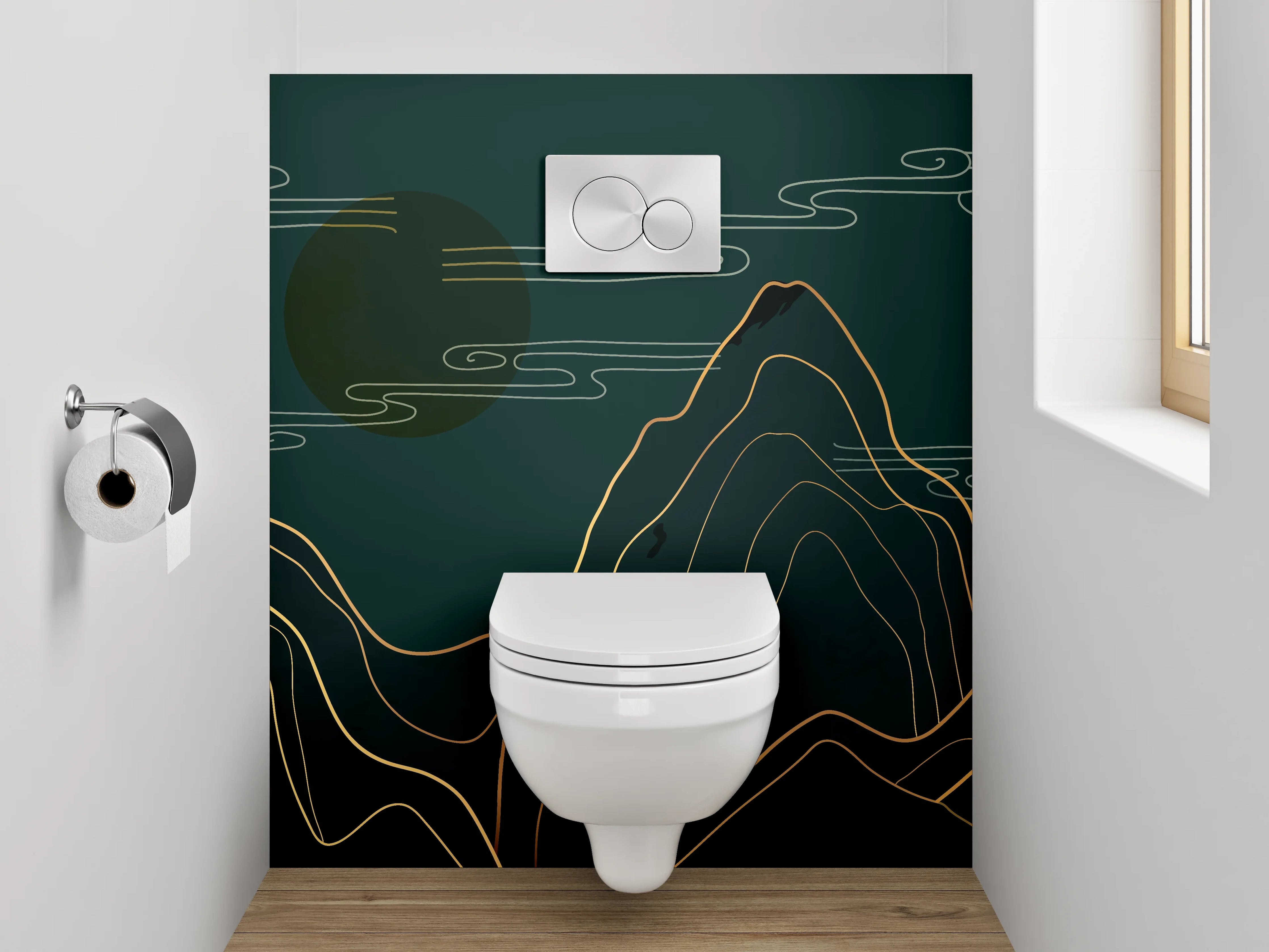 WC-Rückwand - Goldene Berglandschaft Line Art Wandbild