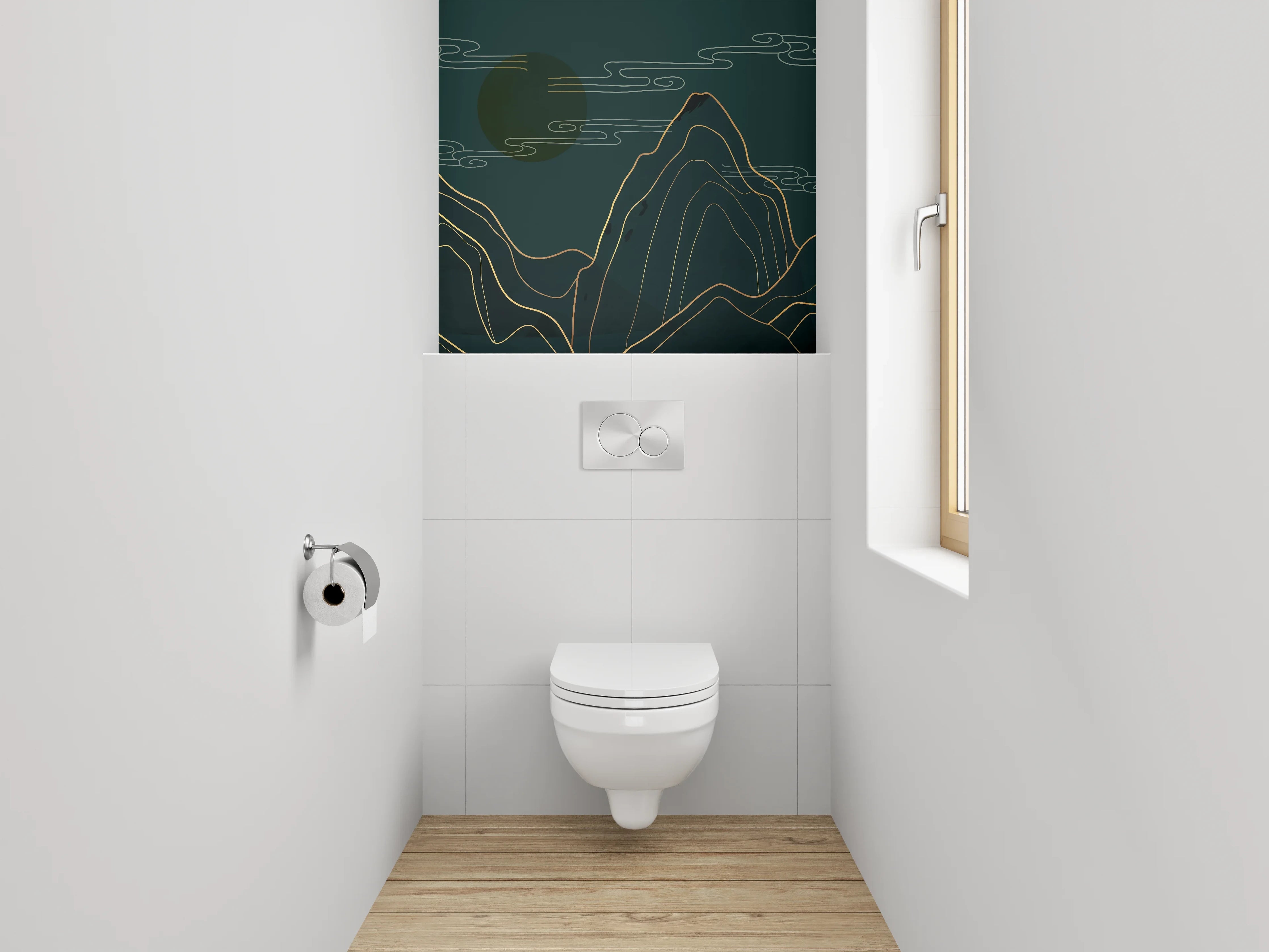 WC-Rückwand - Goldene Berglandschaft Line Art Wandbild