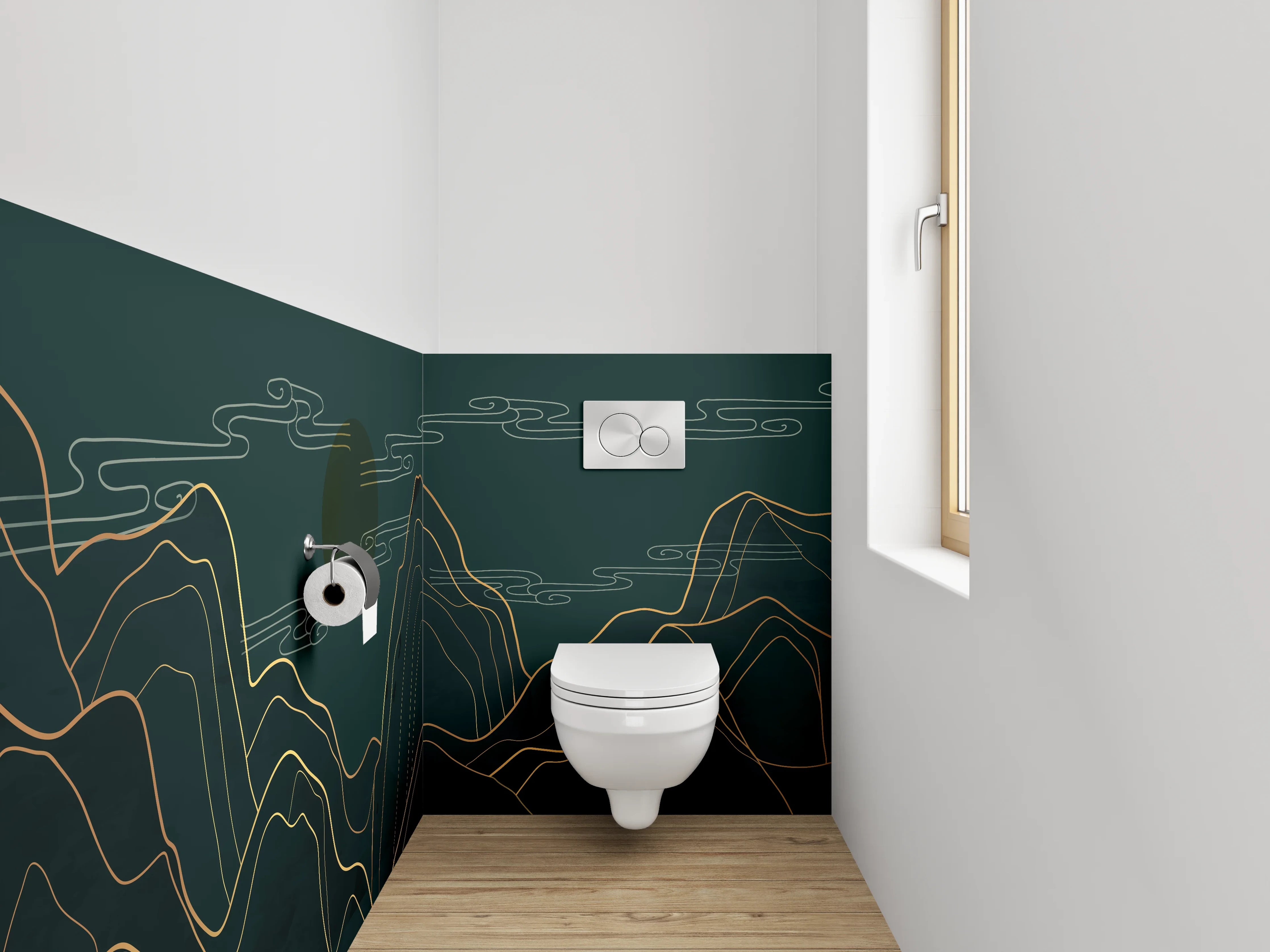WC-Rückwand - Goldene Berglandschaft Line Art Wandbild