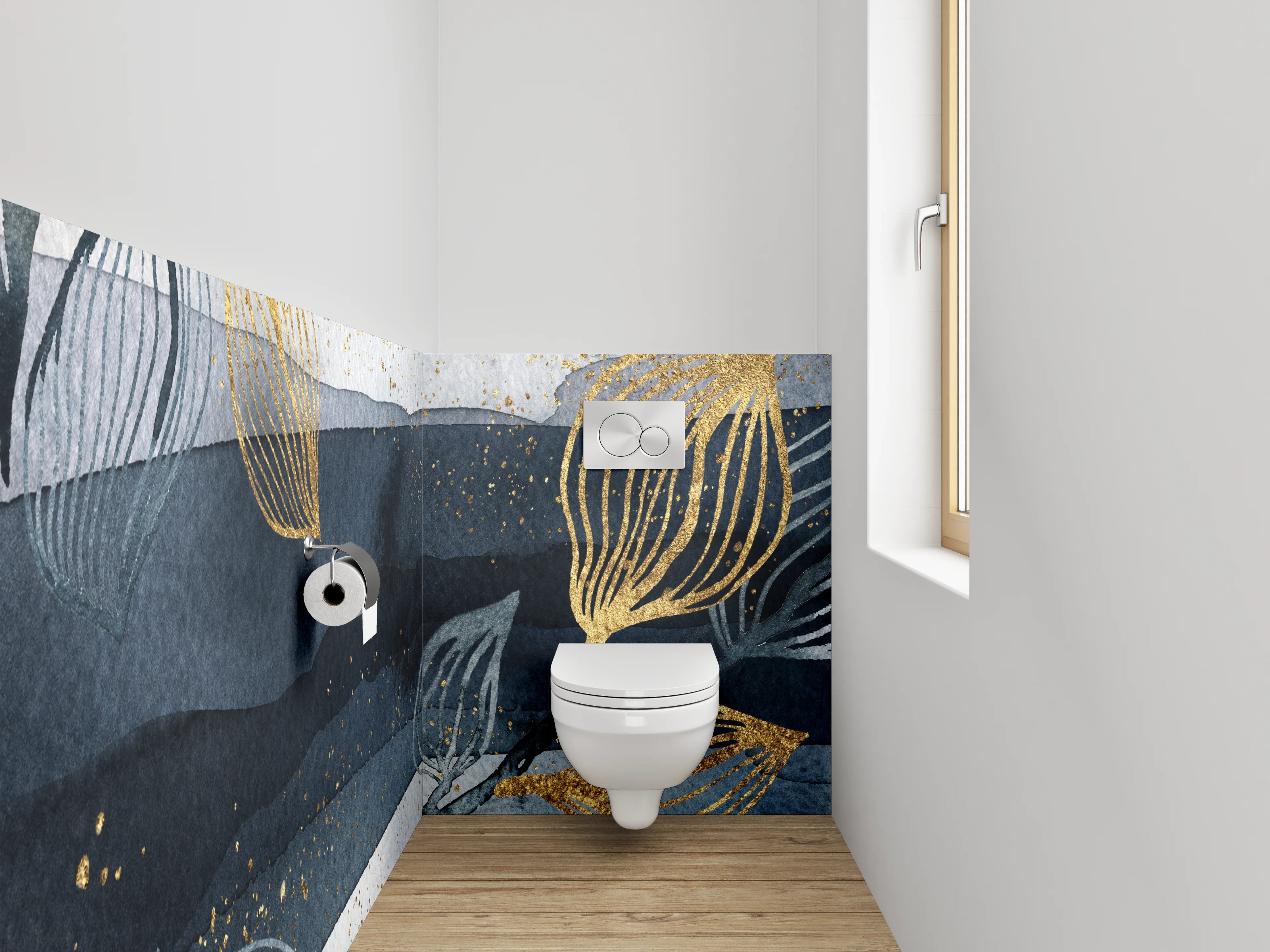 WC-Rückwand - Goldene Blätter Aquarell auf Dunkelblau