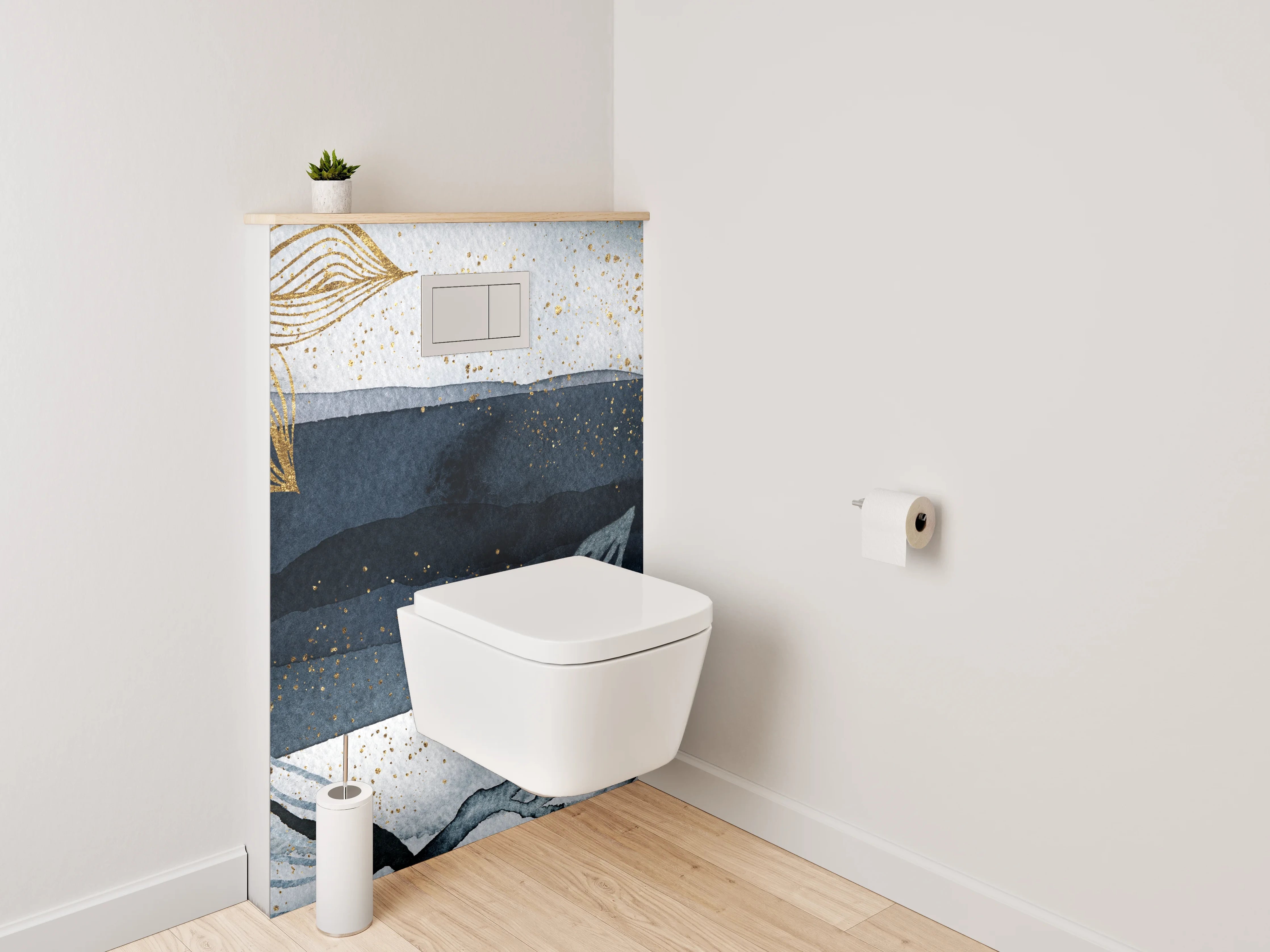 WC-Rückwand - Goldene Blätter Aquarell auf Dunkelblau