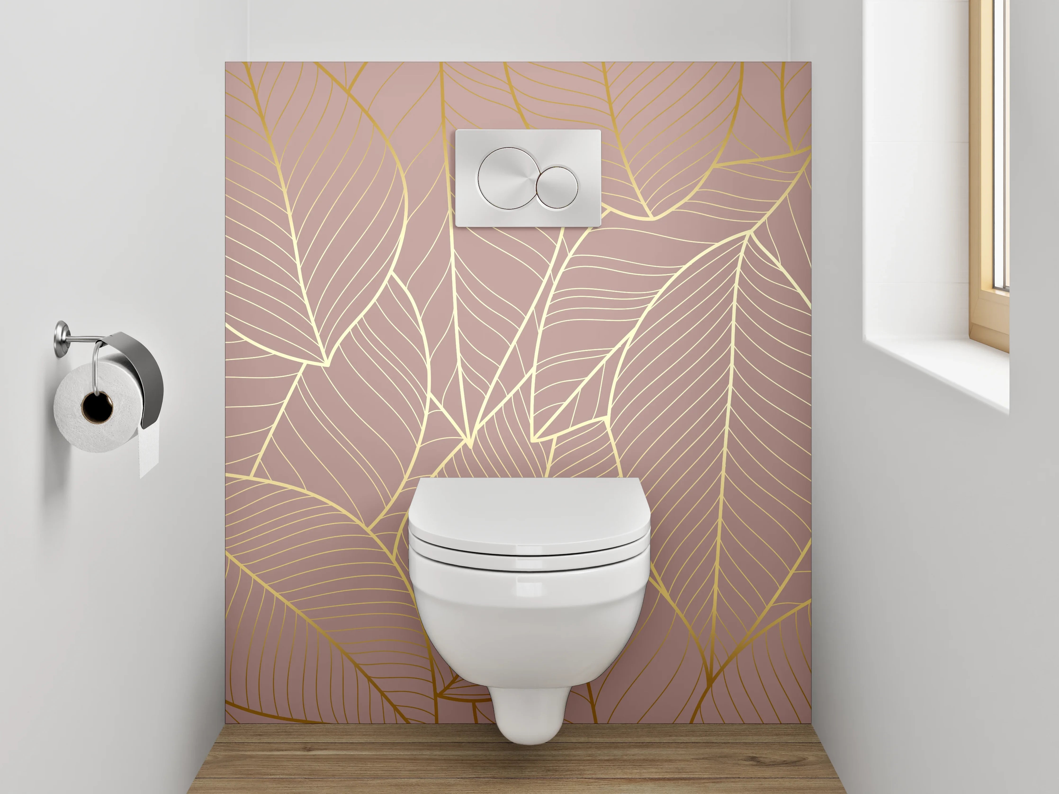 WC-Rückwand - Goldene Blätter Line Art Tapete