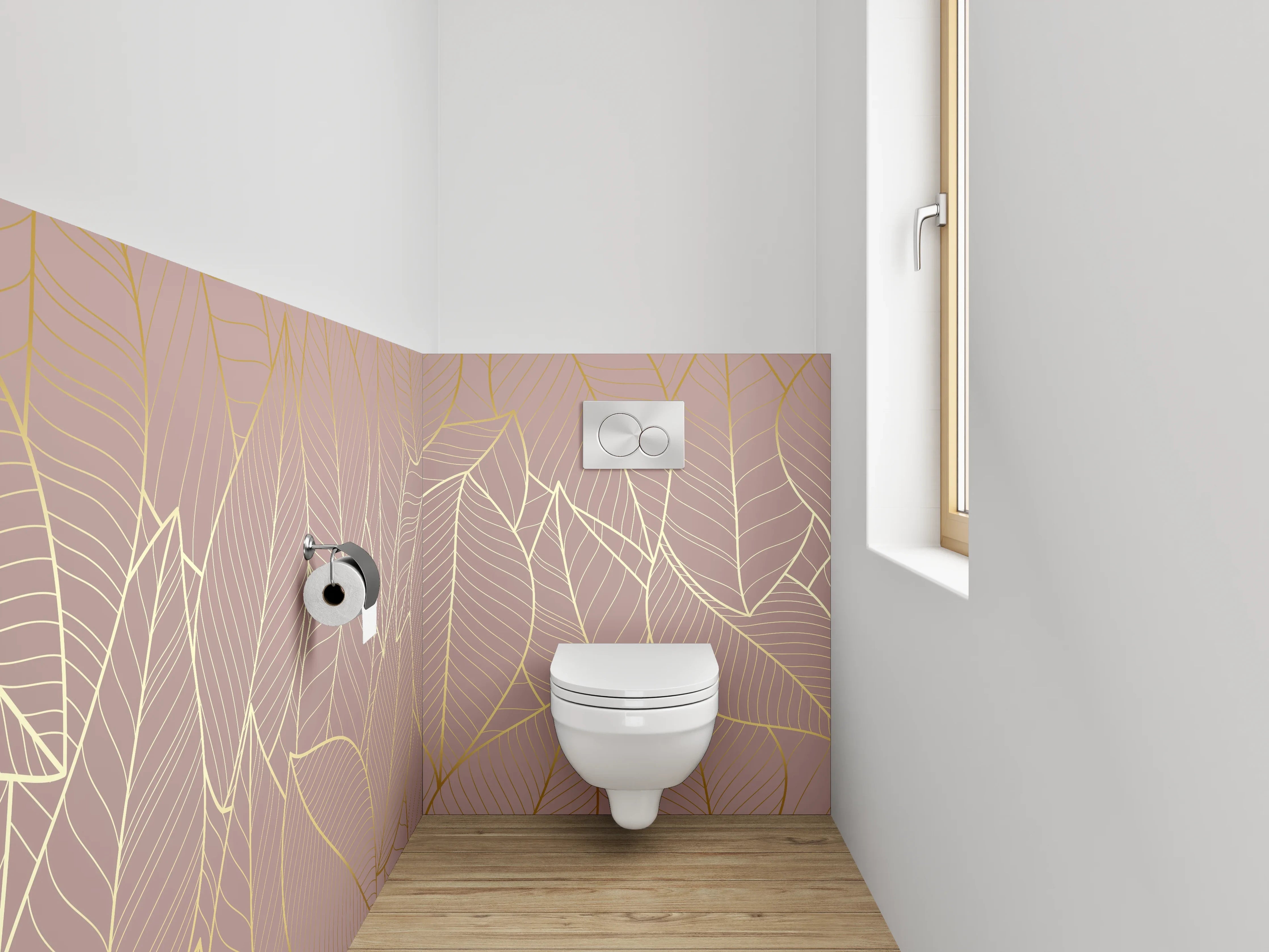 WC-Rückwand - Goldene Blätter Line Art Tapete