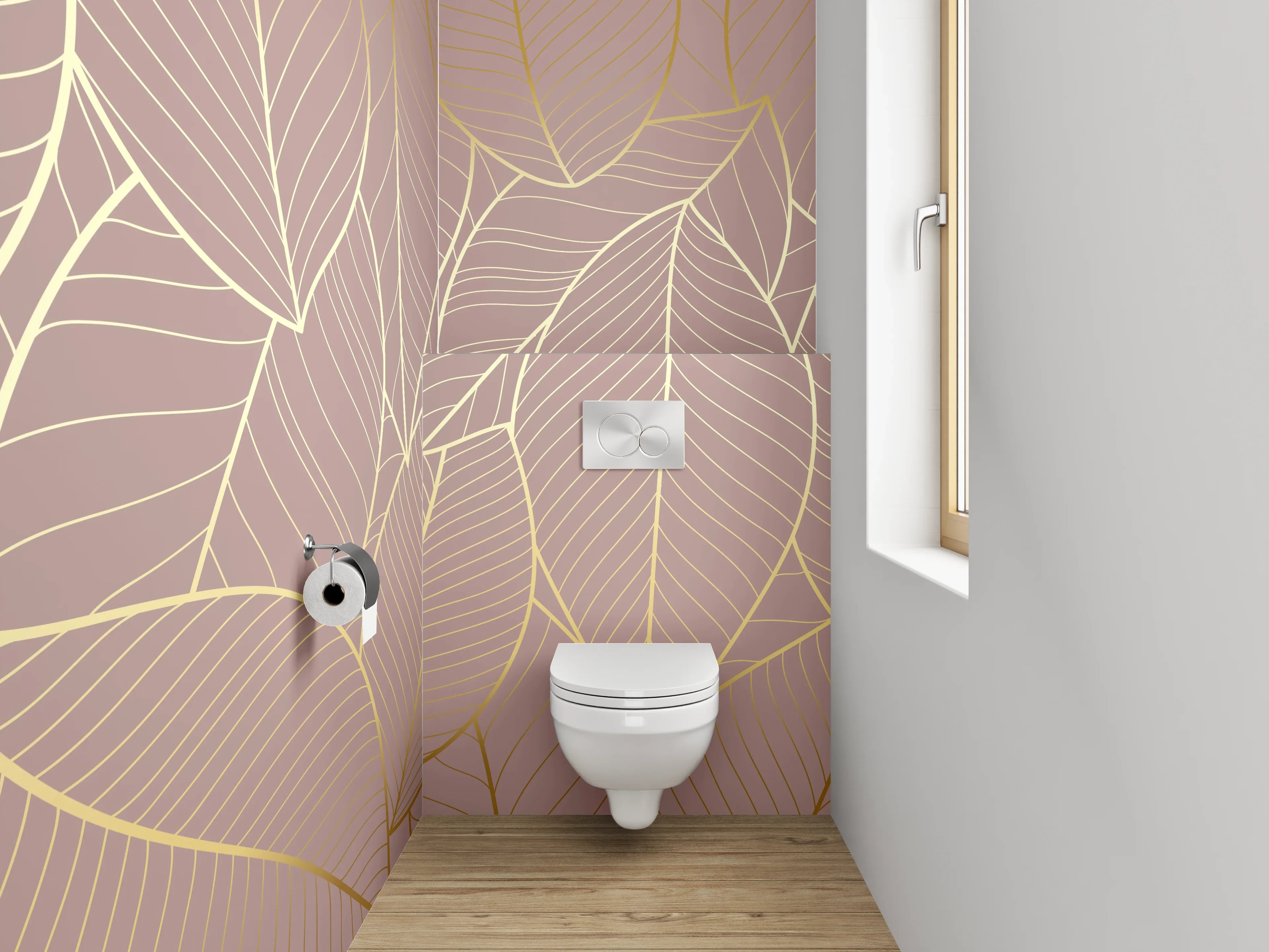 WC-Rückwand - Goldene Blätter Line Art Tapete