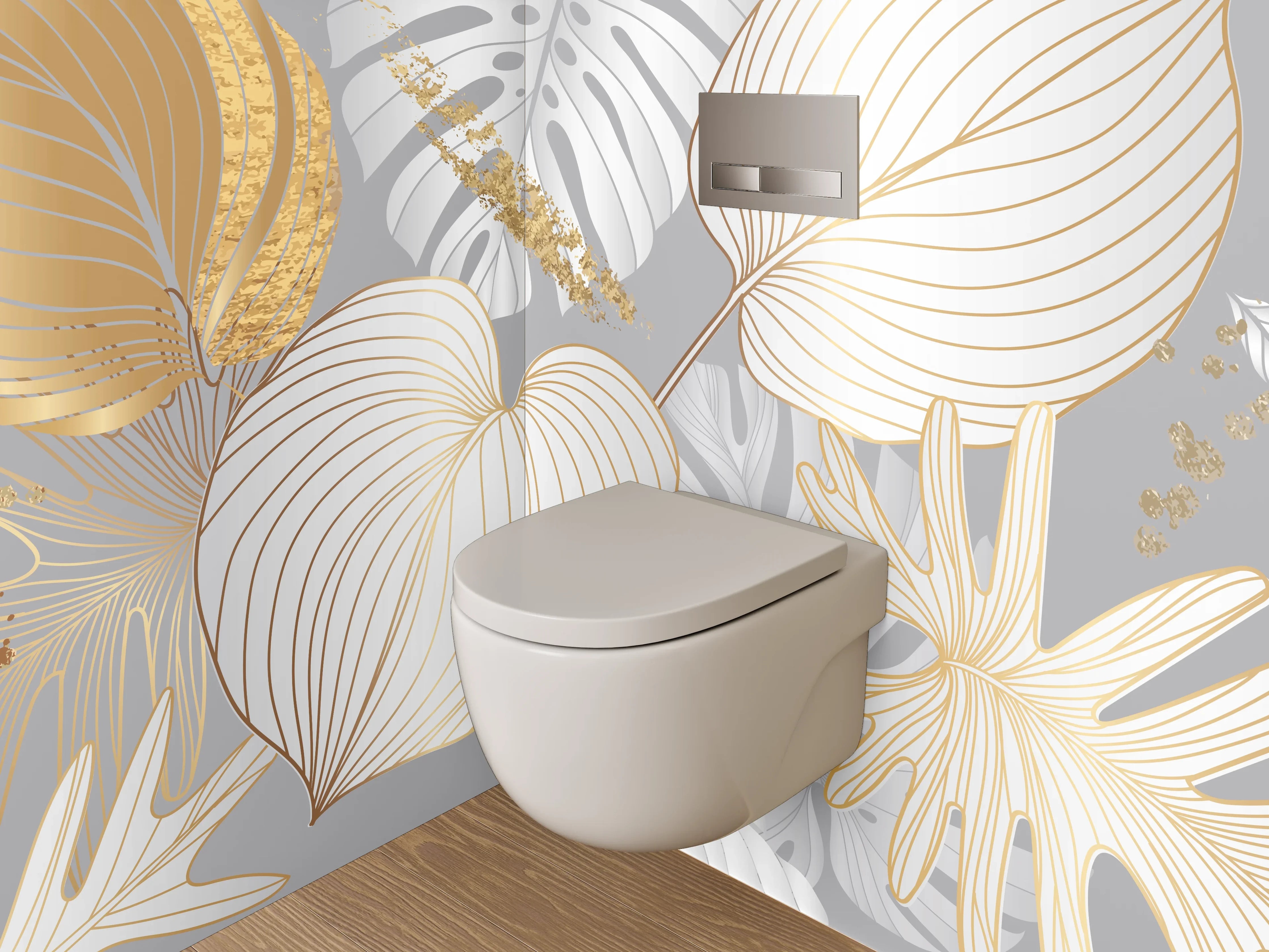 WC-Rückwand - Goldene Blätter Lineart auf Weiß-Grau