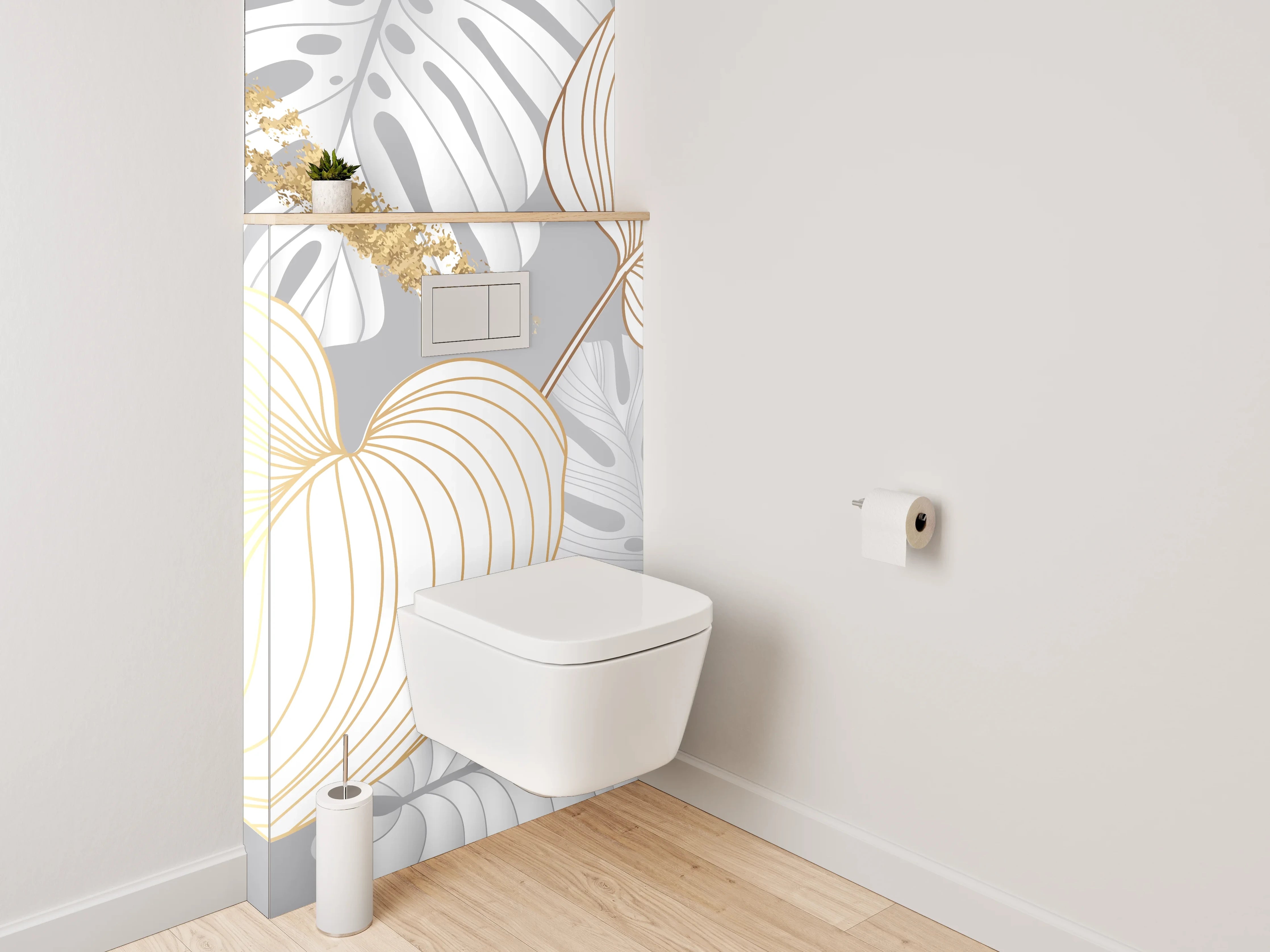 WC-Rückwand - Goldene Blätter Lineart auf Weiß-Grau