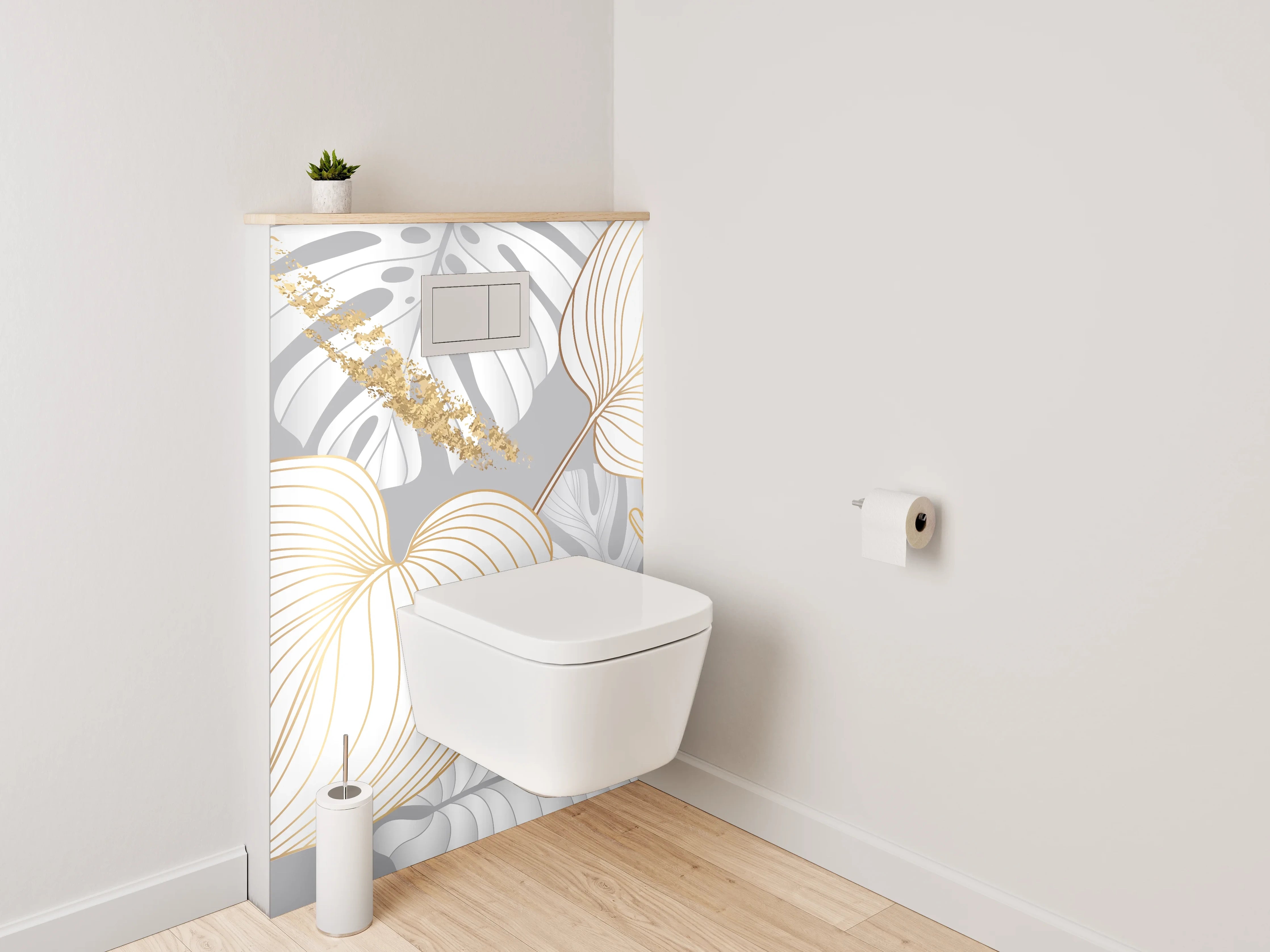 WC-Rückwand - Goldene Blätter Lineart auf Weiß-Grau