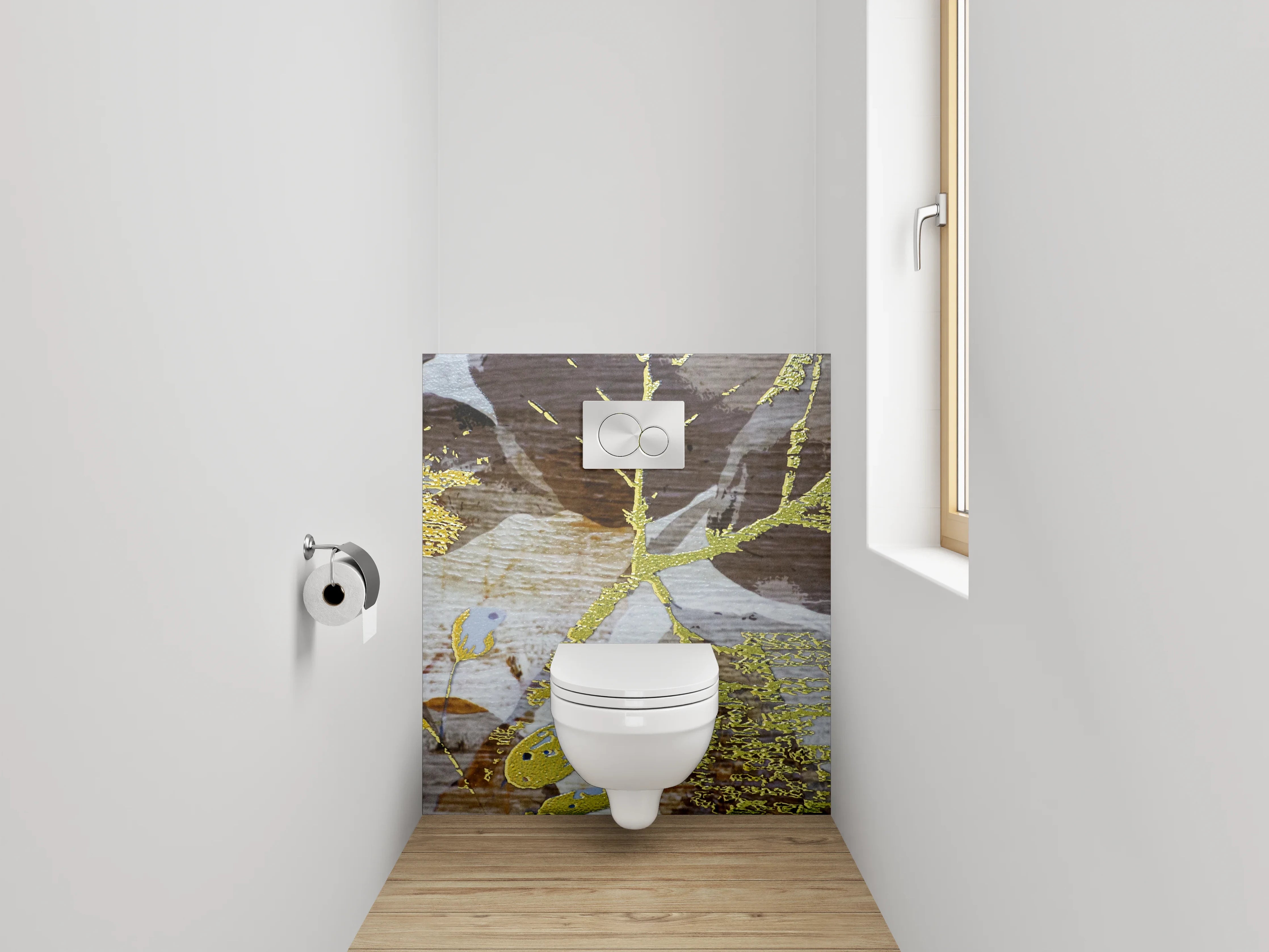 WC-Rückwand - Goldene Blätter auf Vintage Holz
