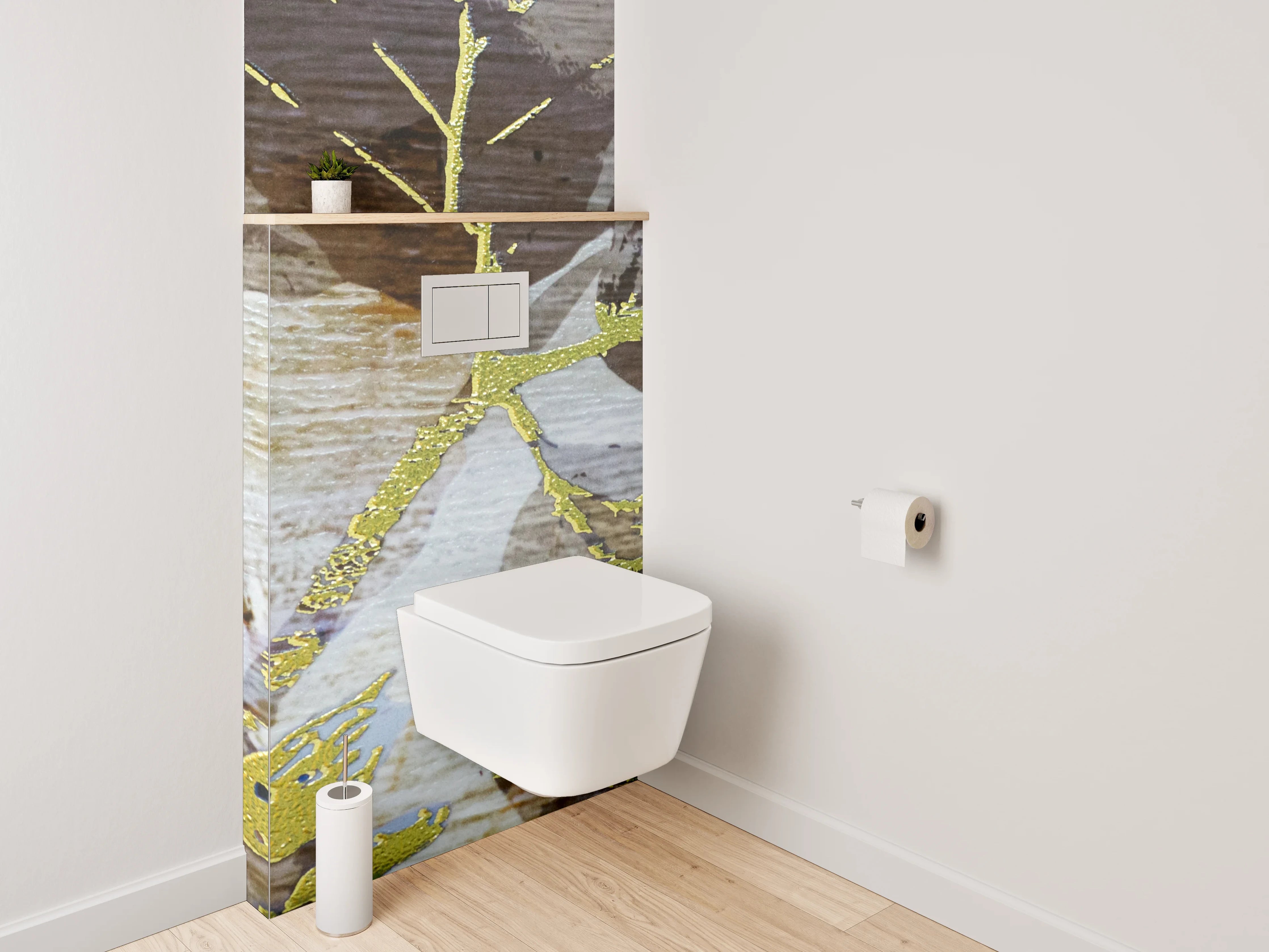WC-Rückwand - Goldene Blätter auf Vintage Holz