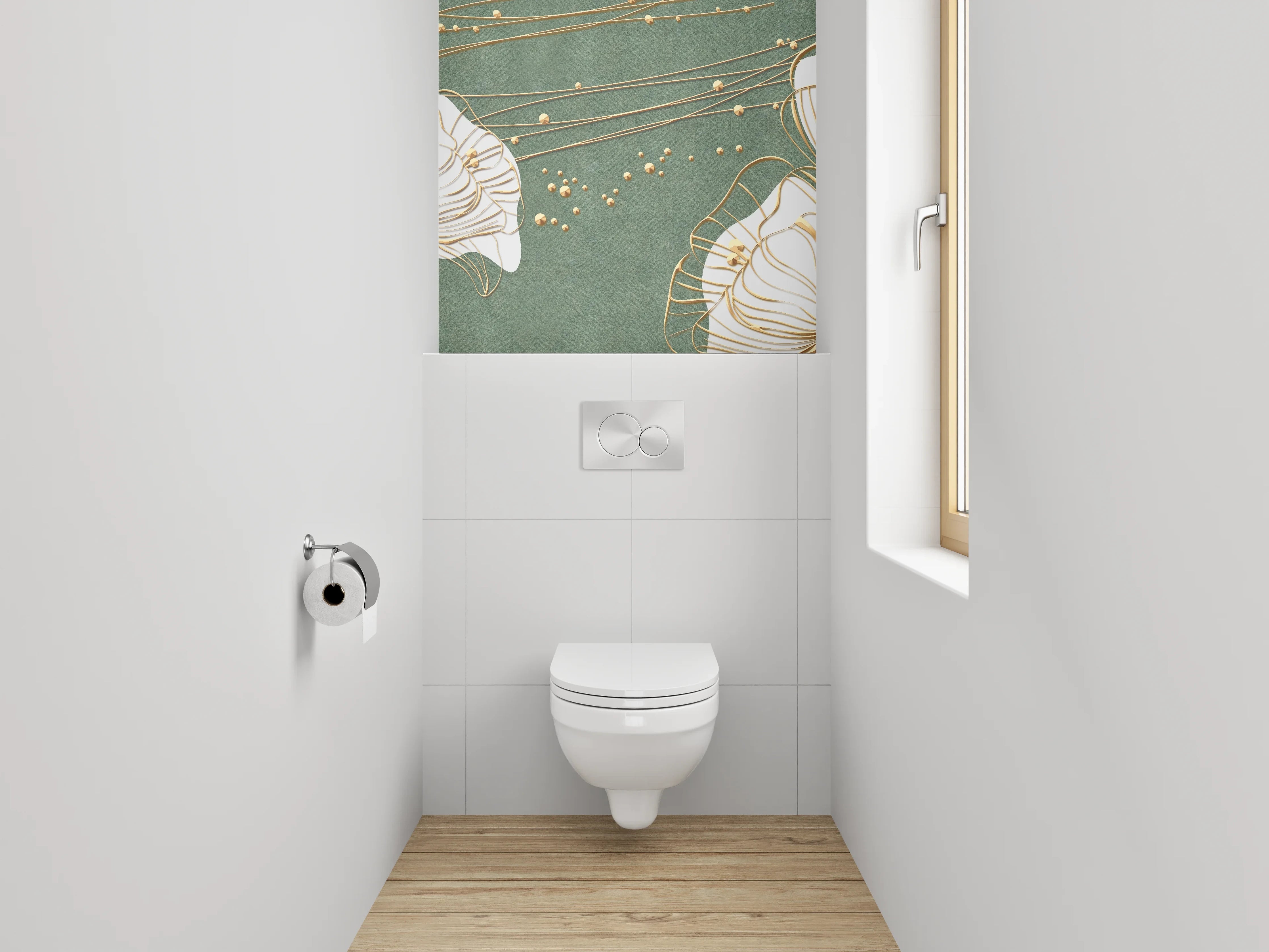 WC-Rückwand - Goldene Blüten auf grünem Hintergrund