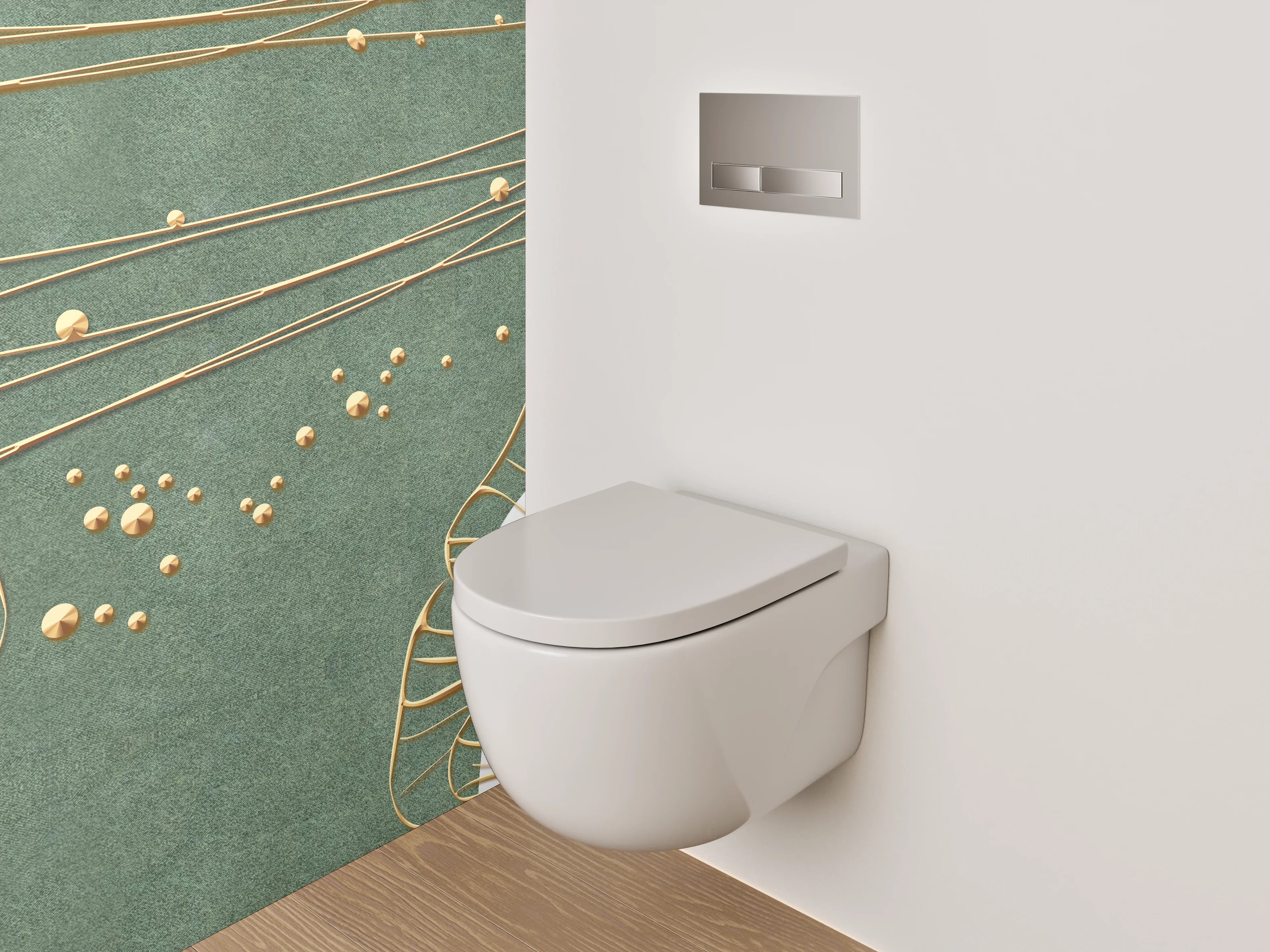 WC-Rückwand - Goldene Blüten auf grünem Hintergrund