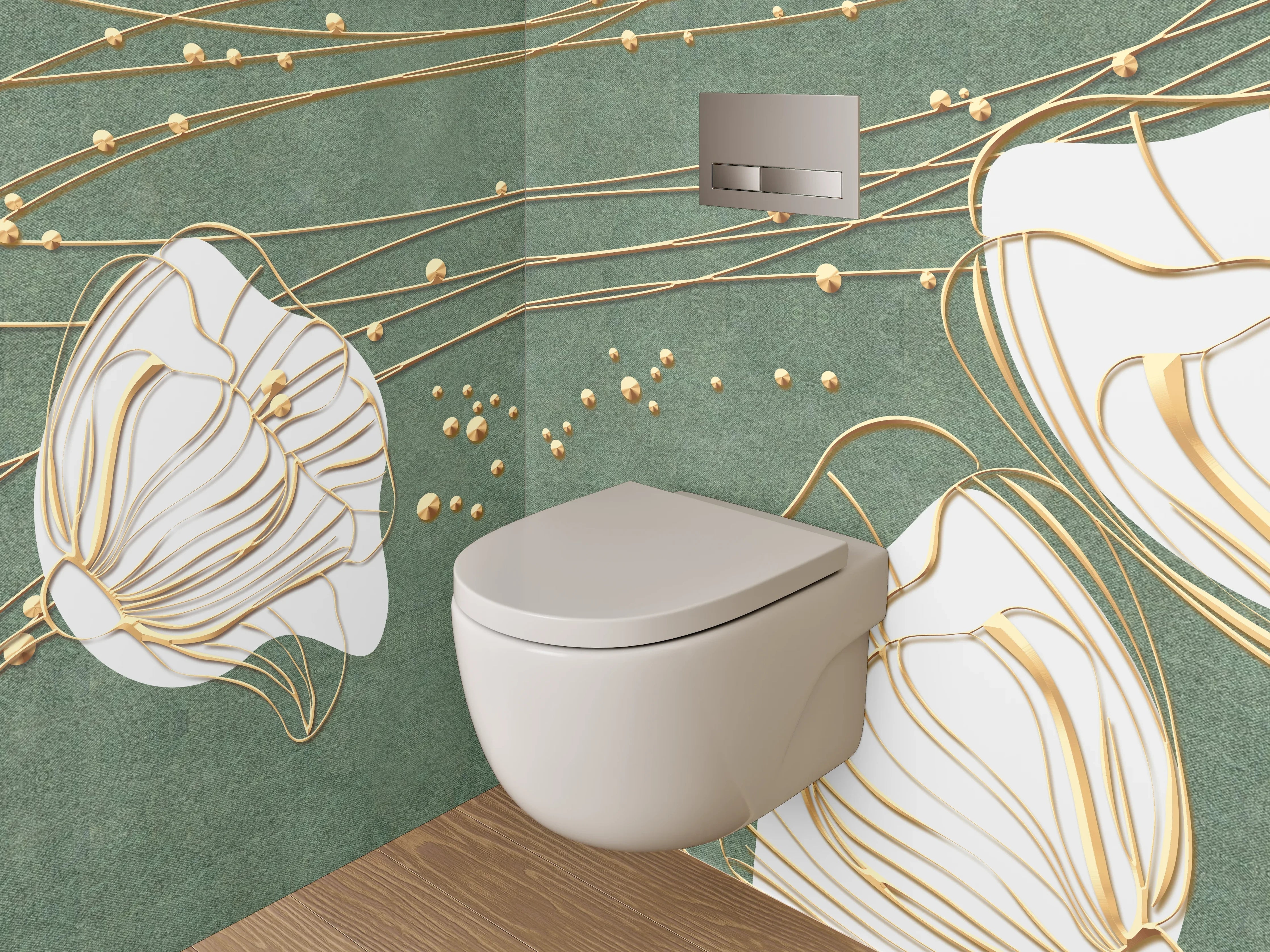 WC-Rückwand - Goldene Blüten auf grünem Hintergrund