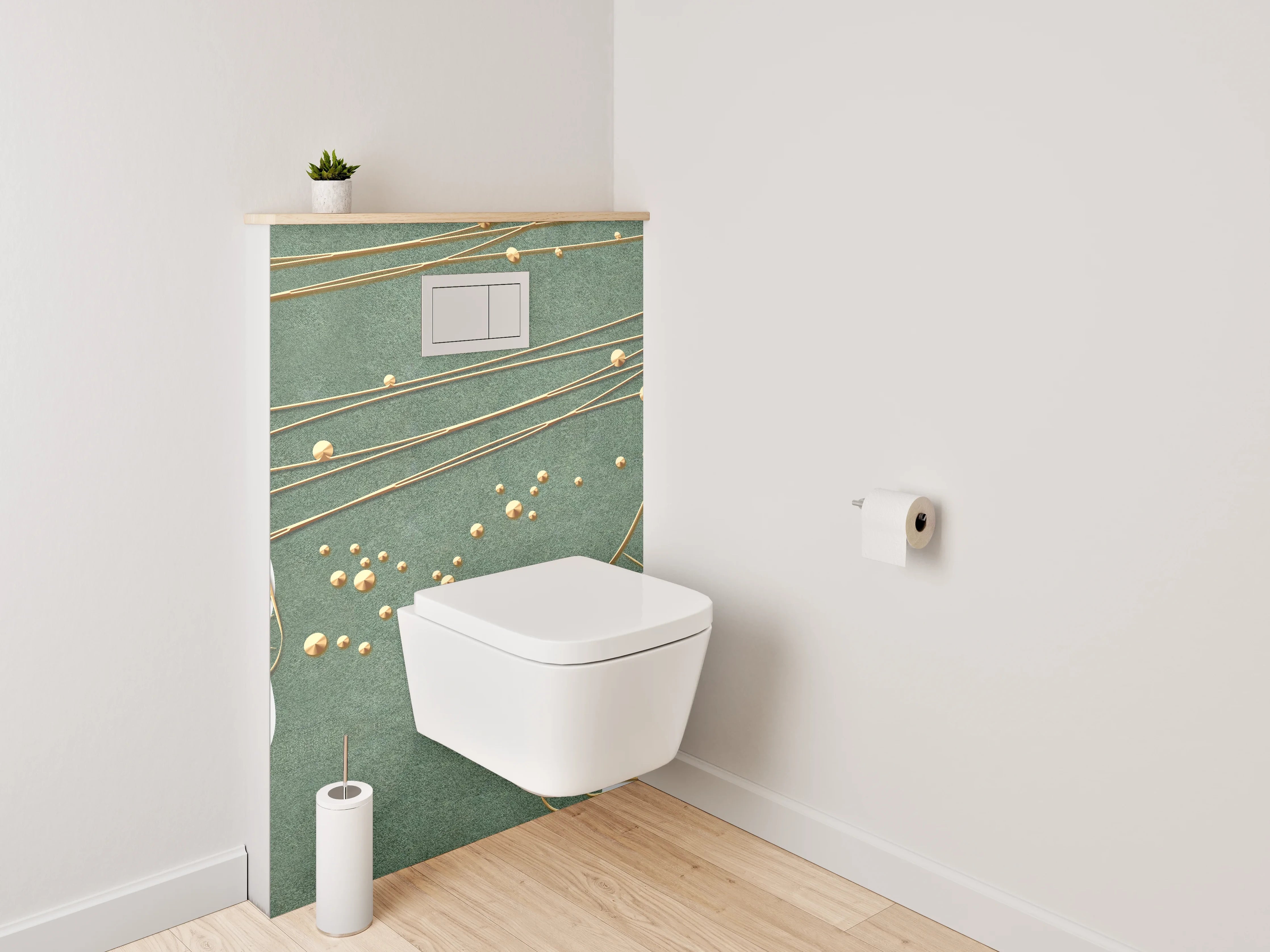 WC-Rückwand - Goldene Blüten auf grünem Hintergrund