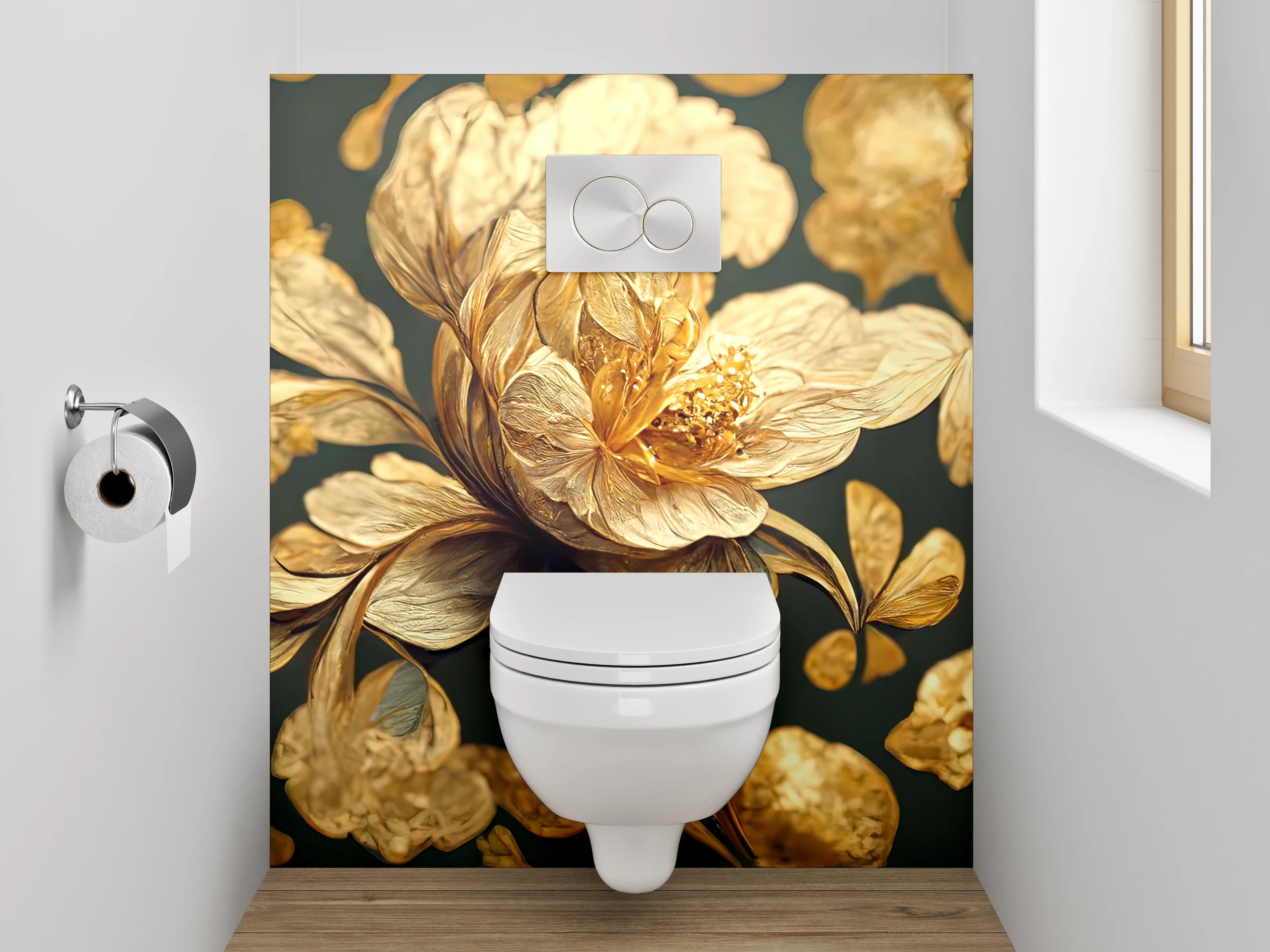 WC-Rückwand - Goldene Blütenkunst auf dunklem Grund