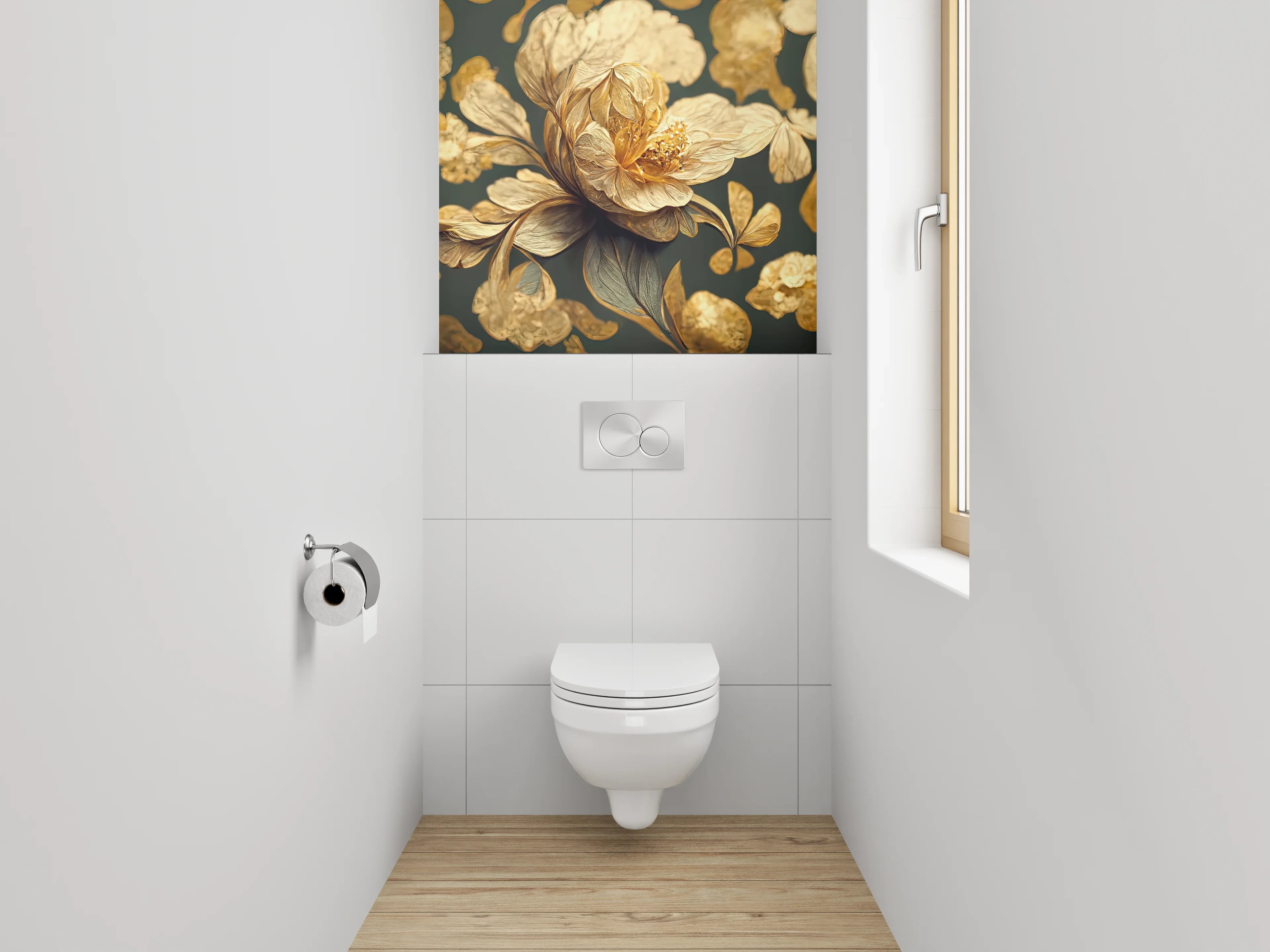 WC-Rückwand - Goldene Blütenkunst auf dunklem Grund