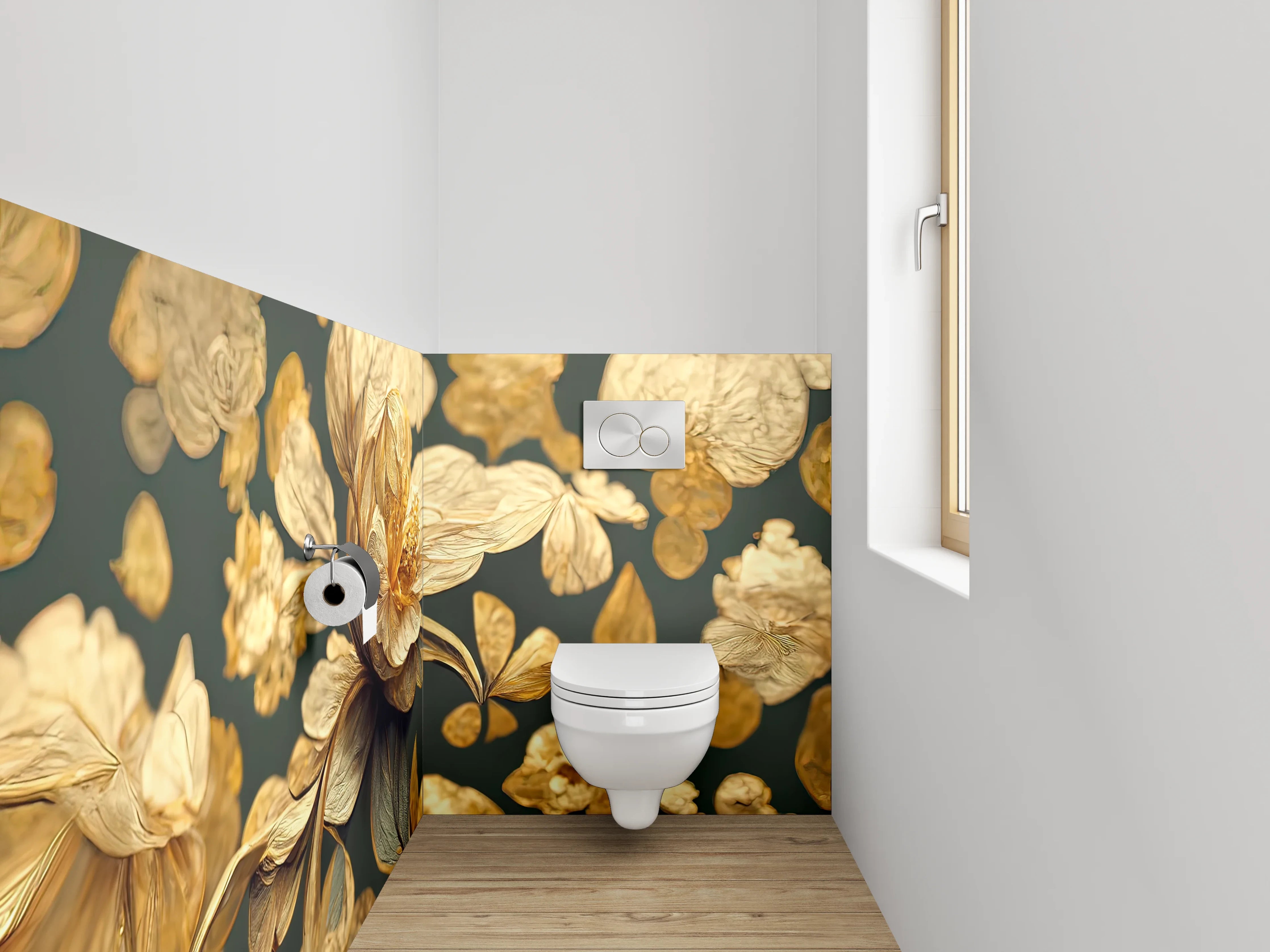 WC-Rückwand - Goldene Blütenkunst auf dunklem Grund