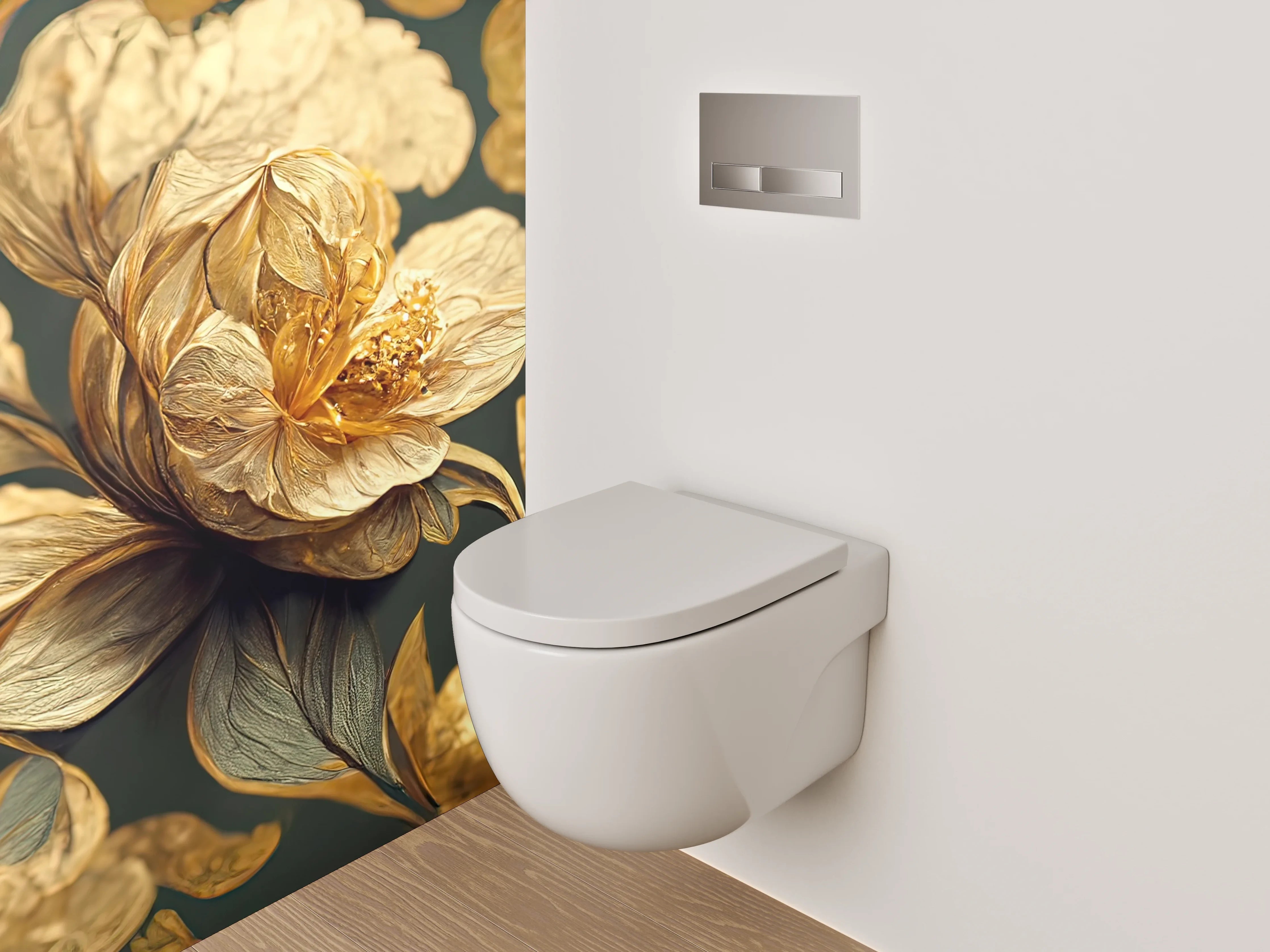 WC-Rückwand - Goldene Blütenkunst auf dunklem Grund