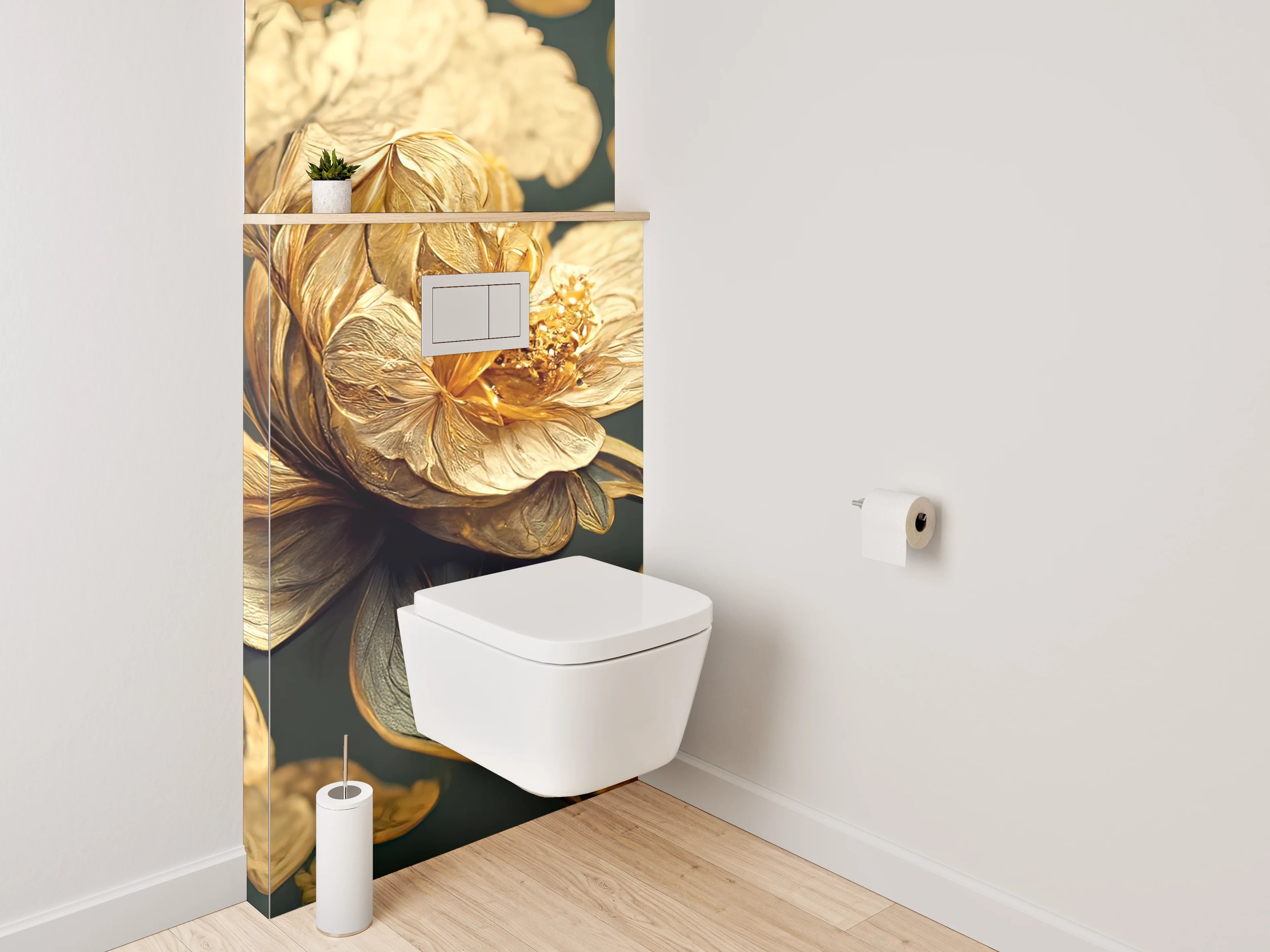 WC-Rückwand - Goldene Blütenkunst auf dunklem Grund