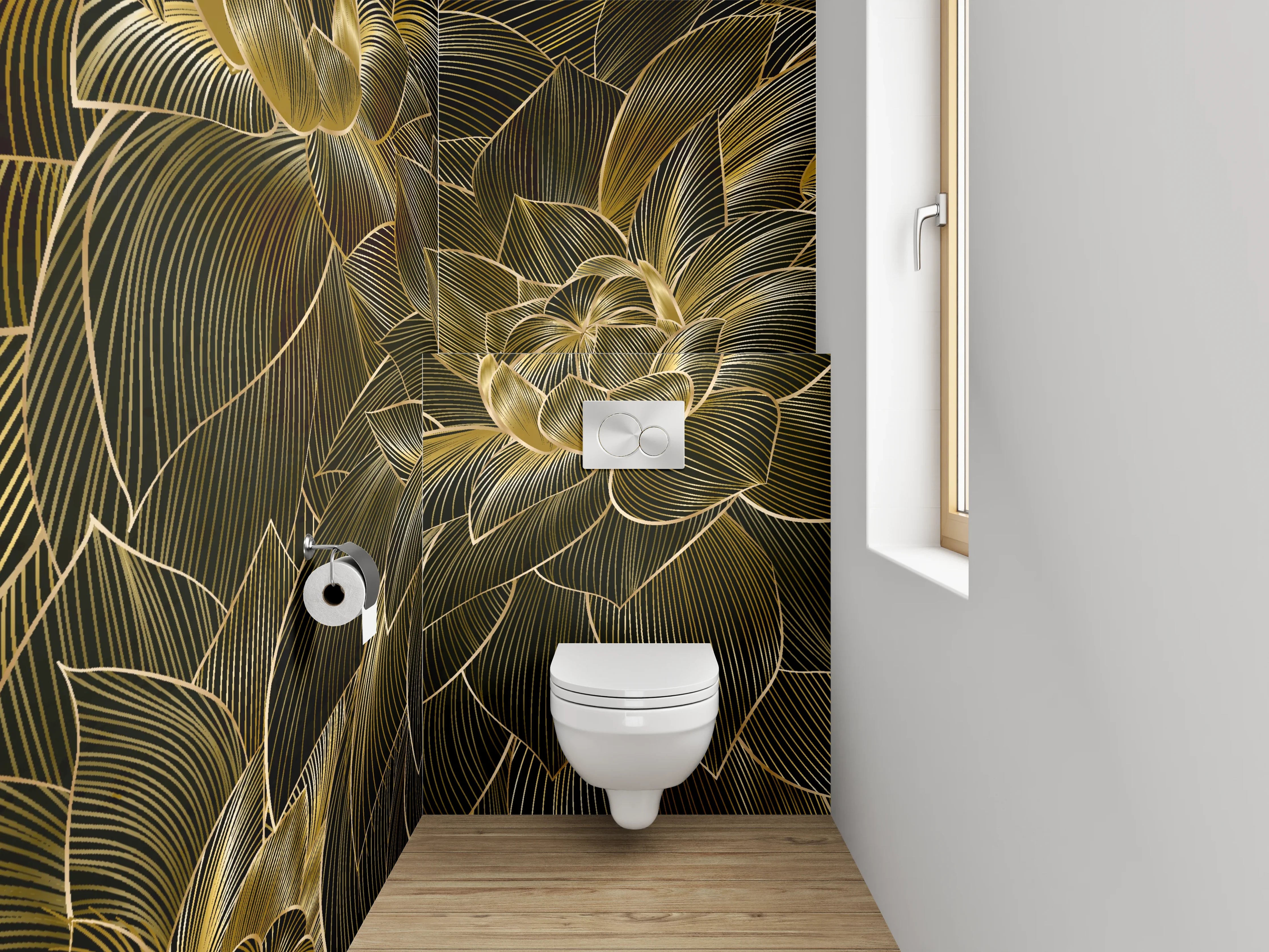 WC-Rückwand - Goldene Blumen Lineart Muster