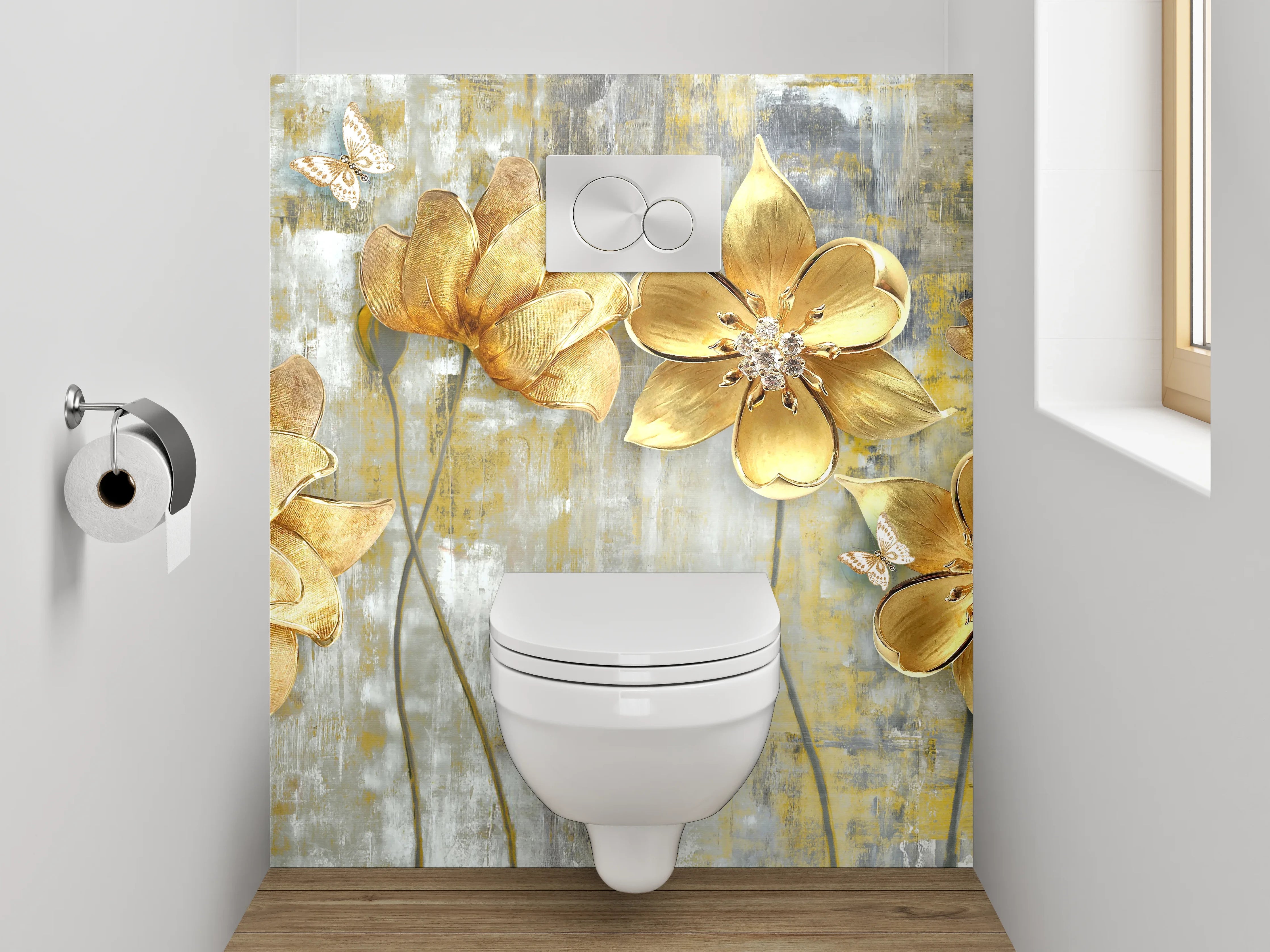 WC-Rückwand - Goldene Blumen auf abstraktem Grund