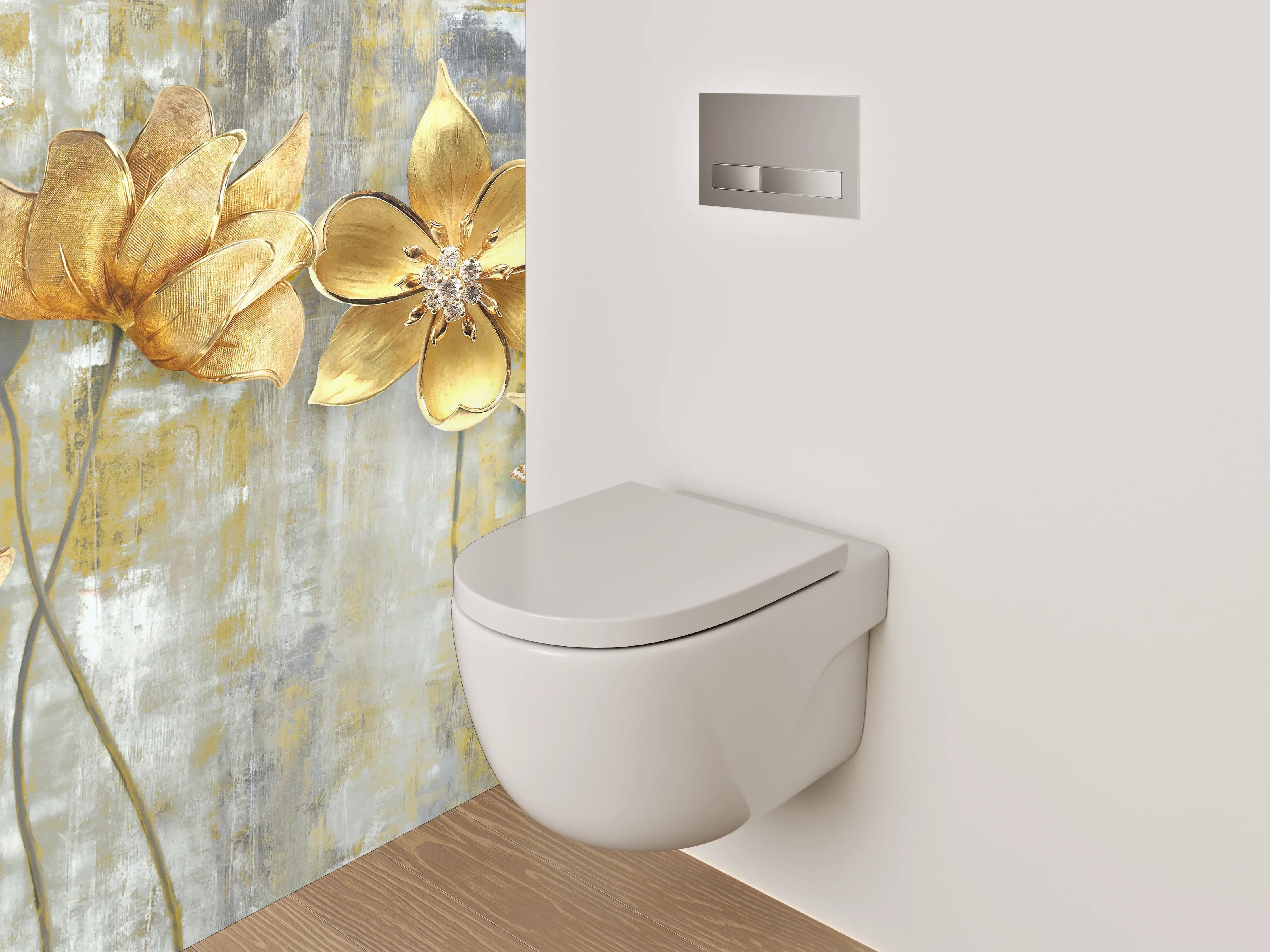 WC-Rückwand - Goldene Blumen auf abstraktem Grund