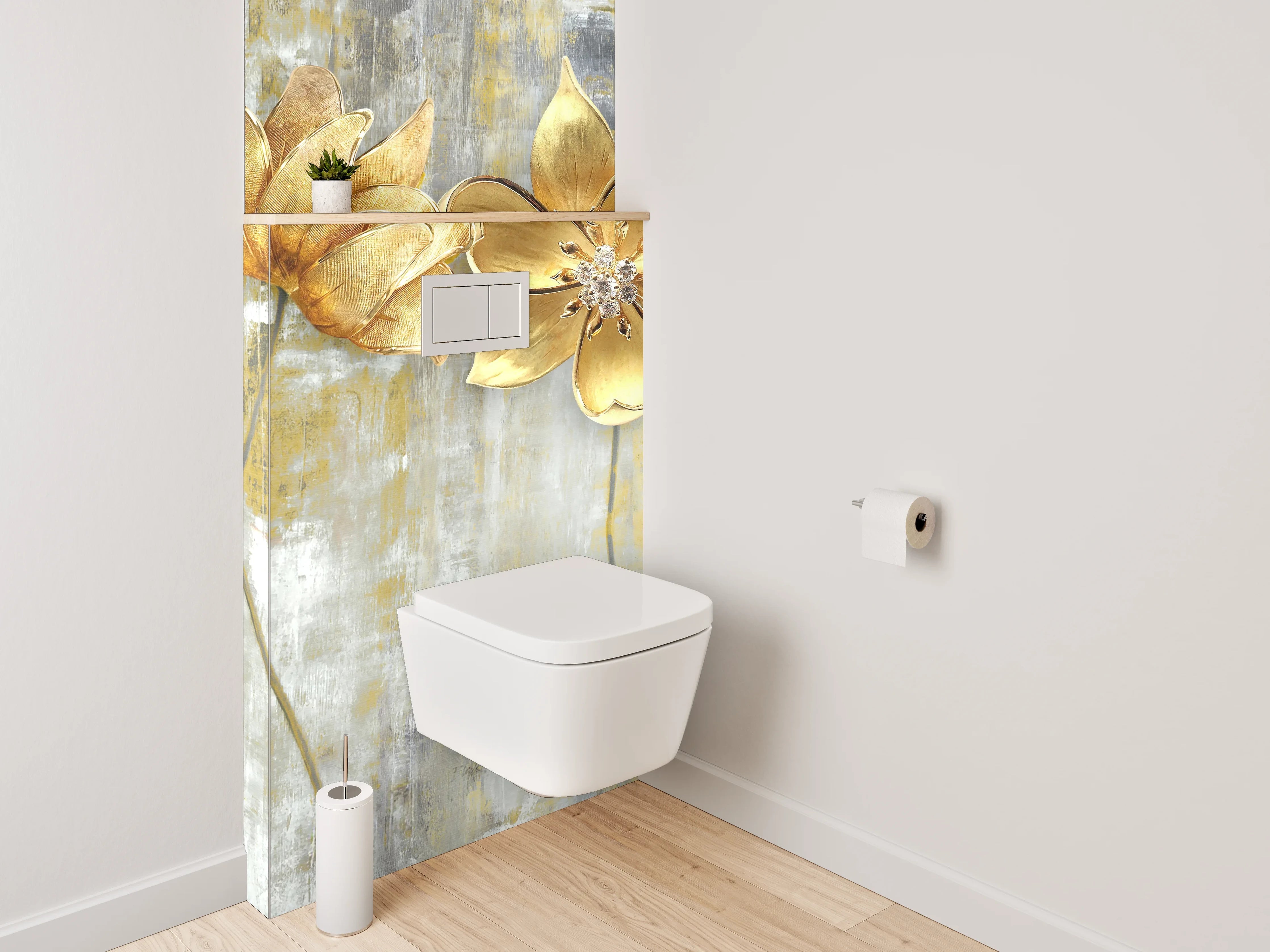 WC-Rückwand - Goldene Blumen auf abstraktem Grund